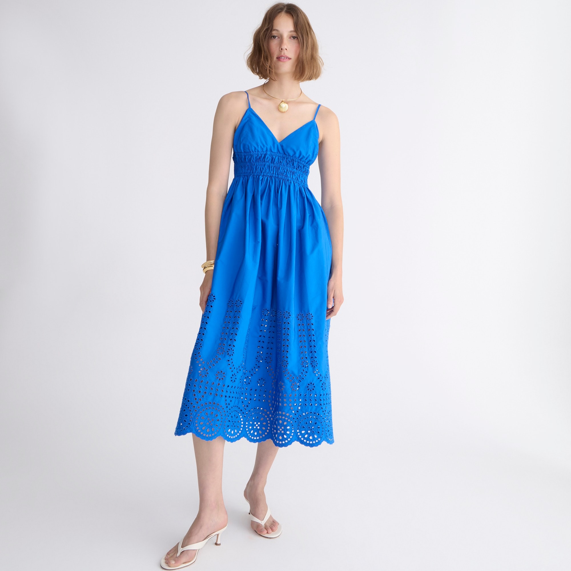 V-neck smocked-waist dress in cotton poplin