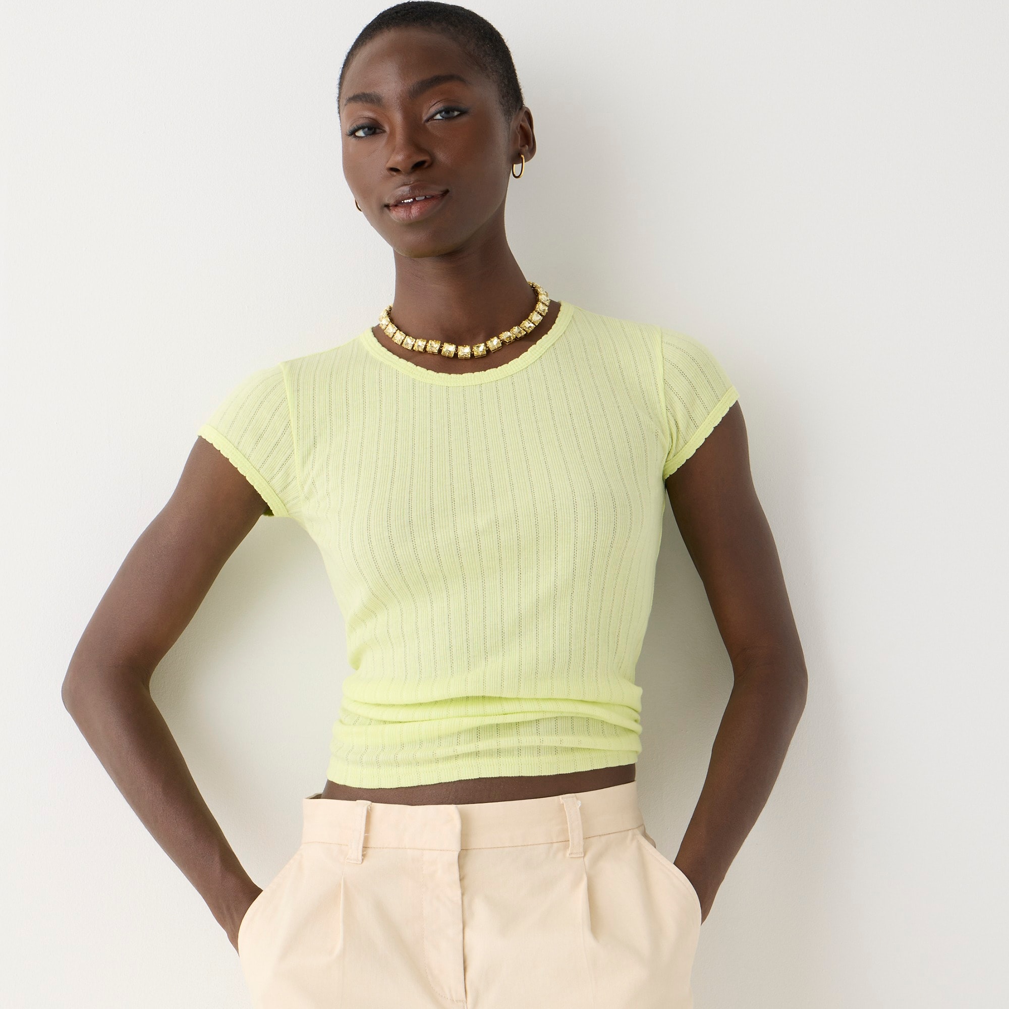 Fitted pointelle cap-sleeve T-shirt