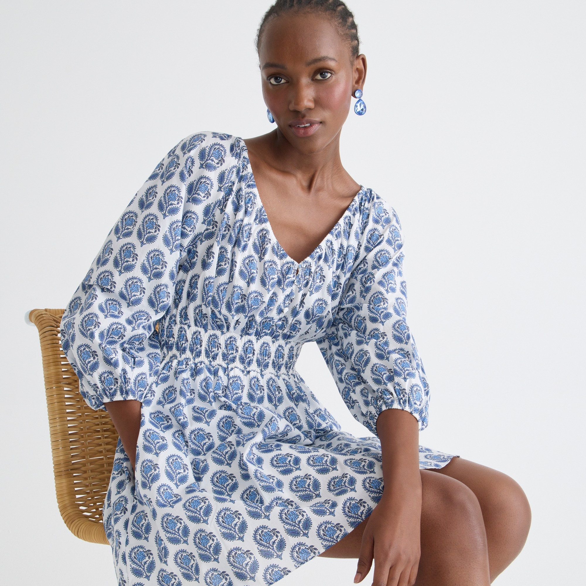 V-neck mini dress in bouquet block print