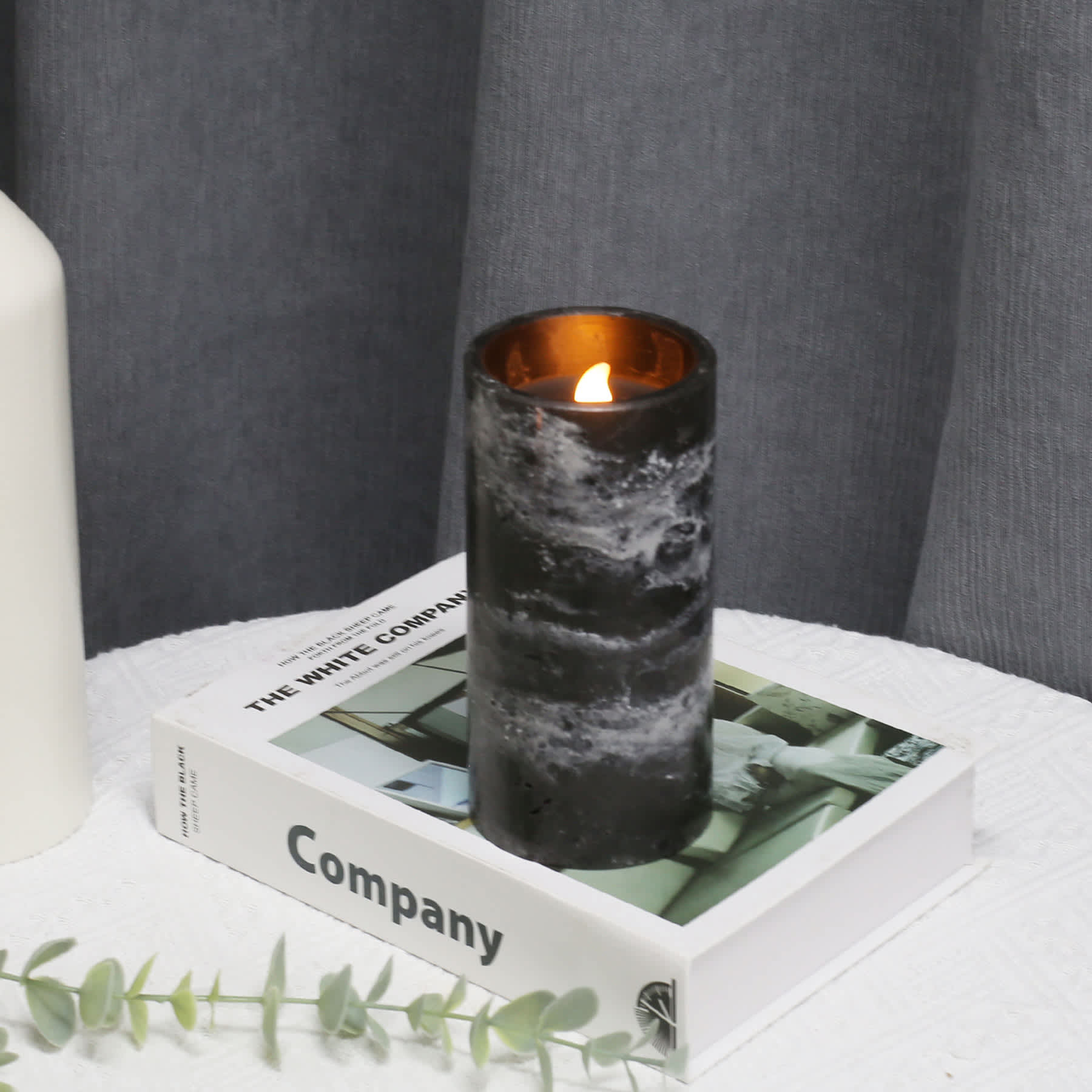 Crosby St. Black Marbled Wax LED Pillar Candle with 6 Hour Timer, 3x6