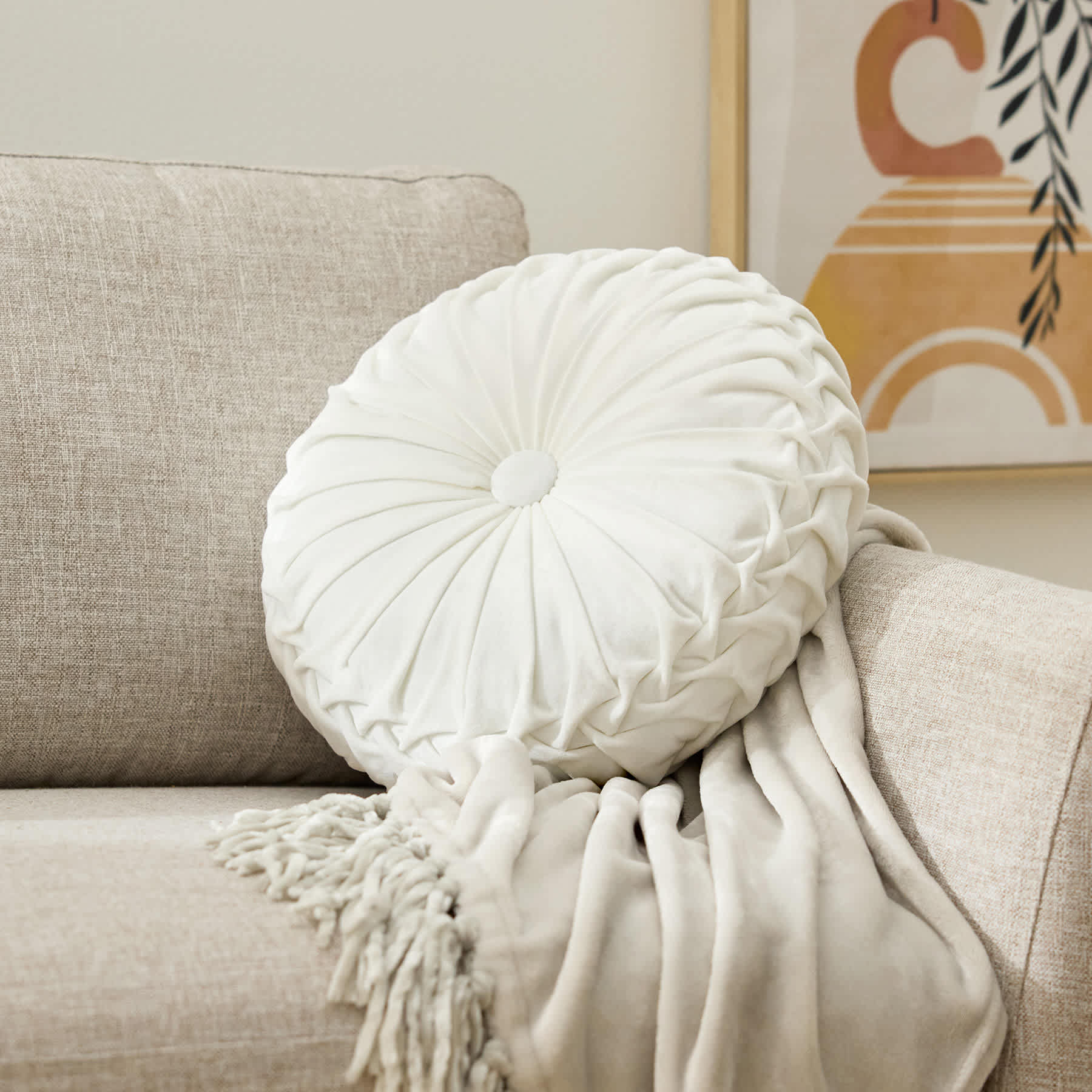 Holan White Pleated Velvet Round Throw Pillow, 16"