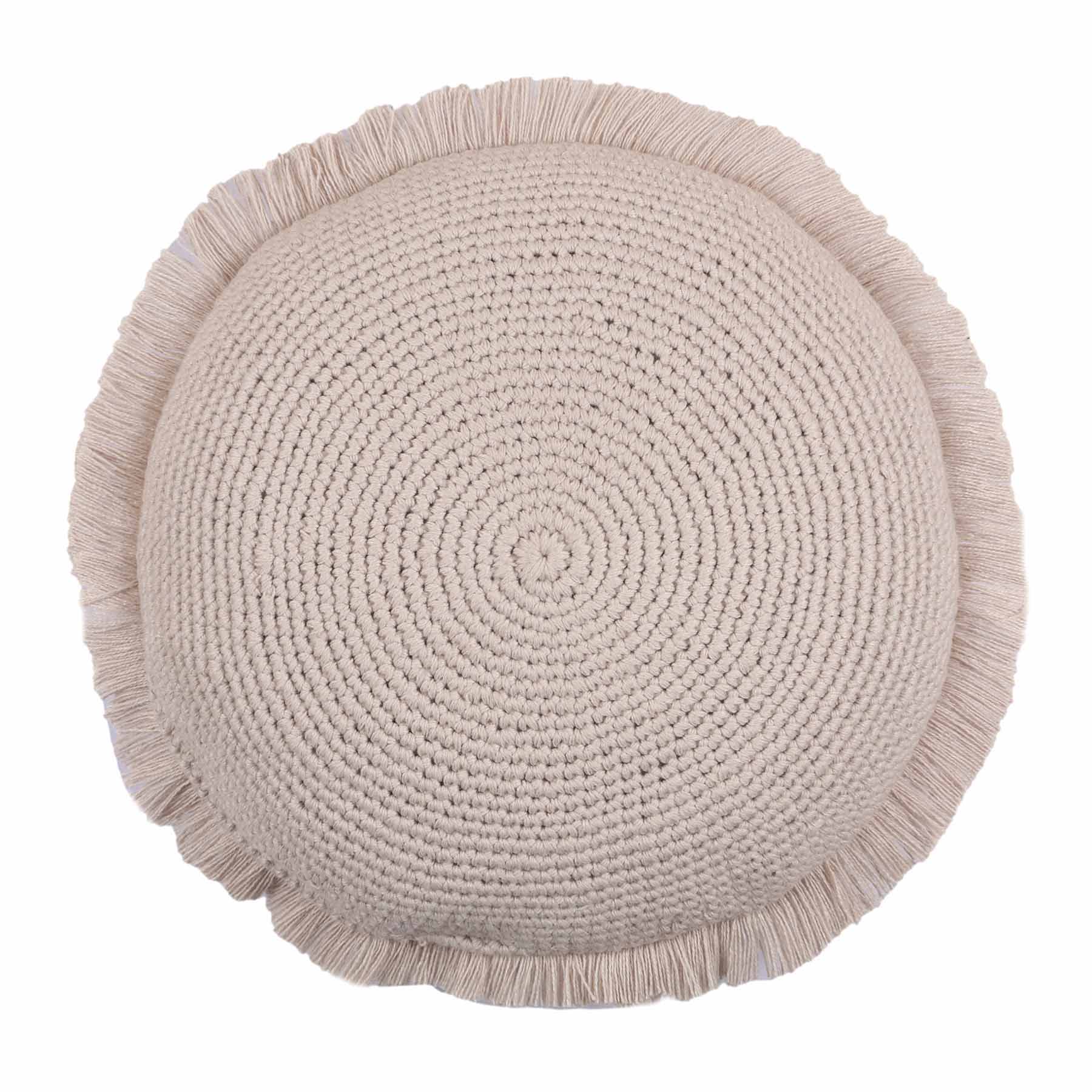 Found & Fable Taupe Knitted Round Throw Pillow with Fringe, 16"