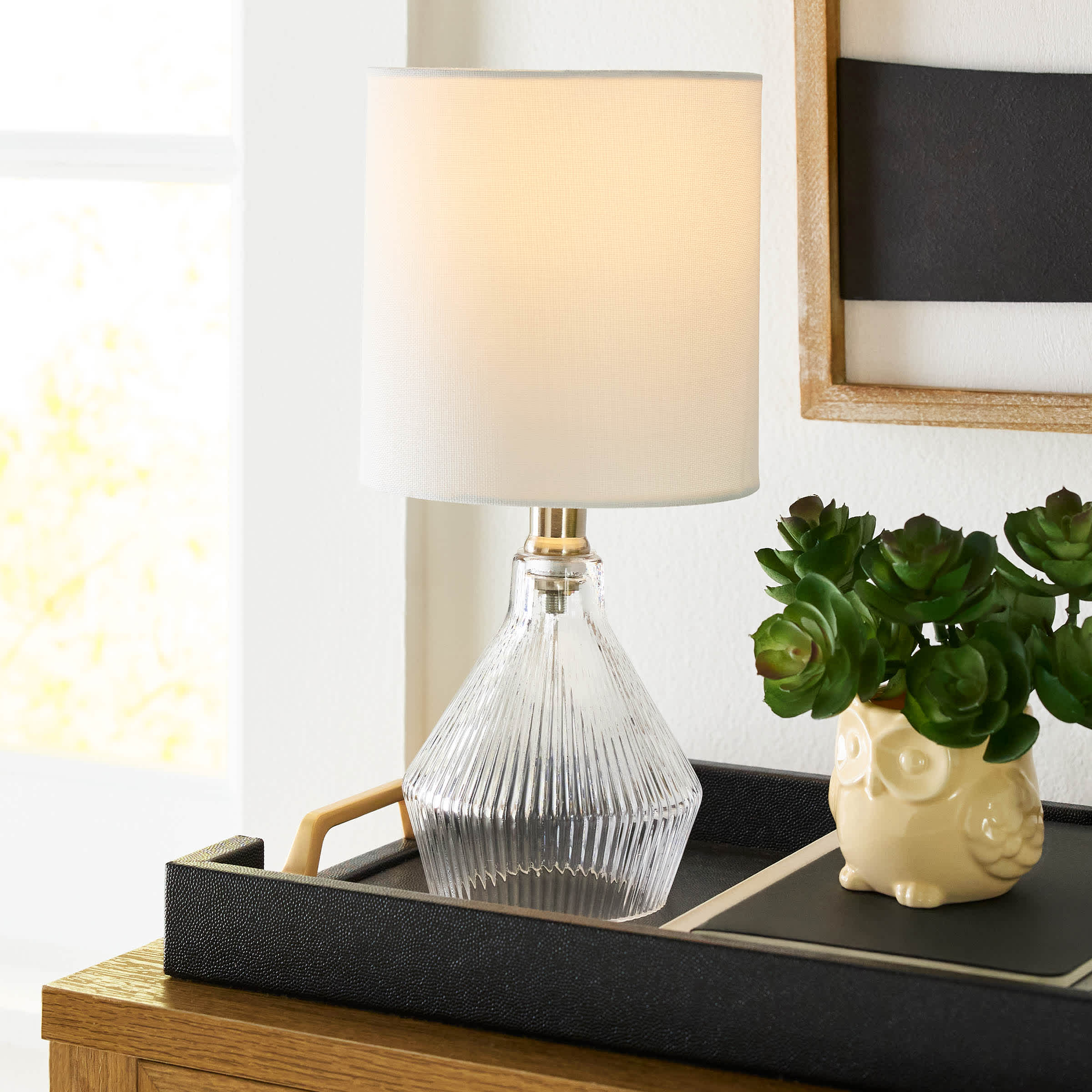 Clear Glass Ribbed Mini Table Lamp with Shade, 12"