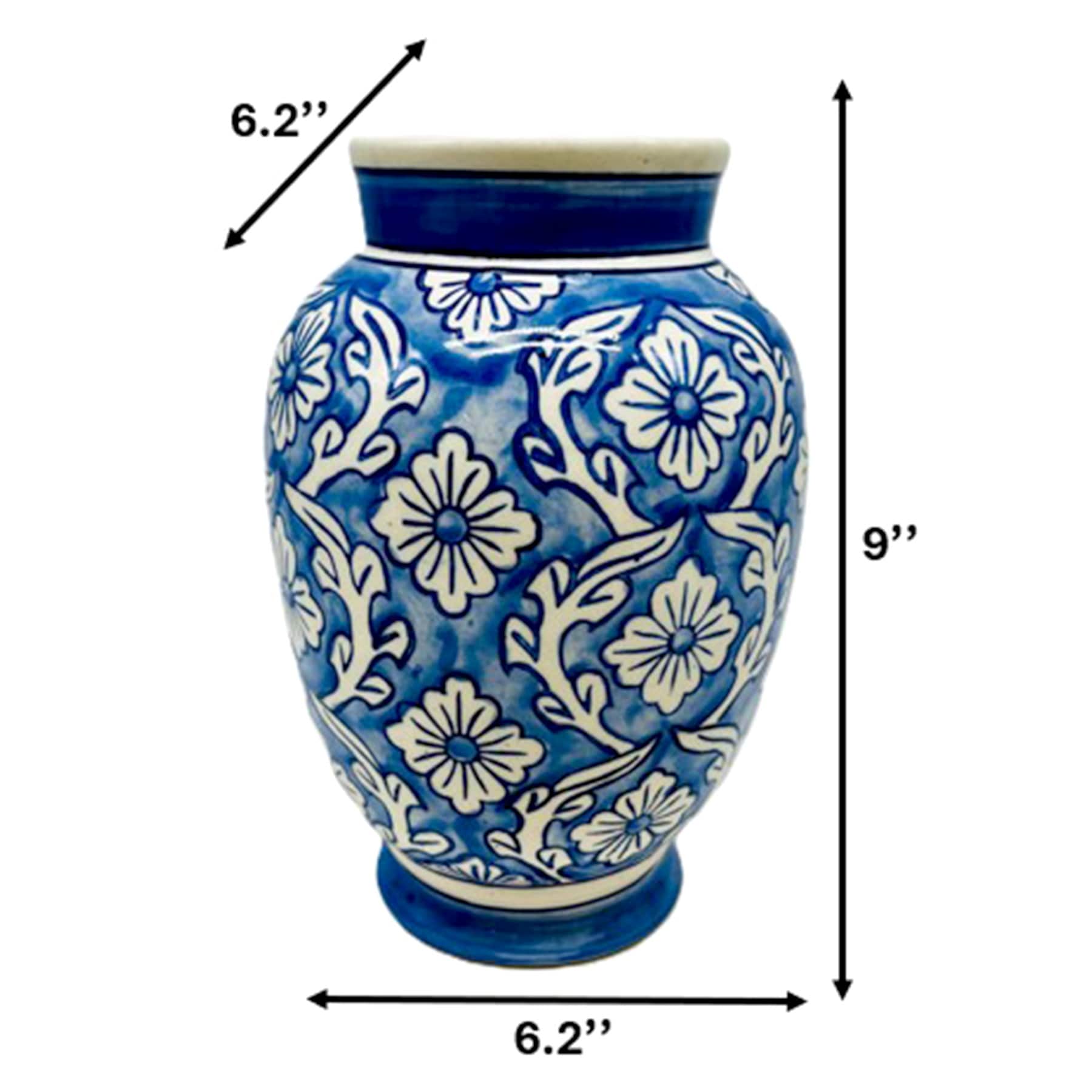 9'' Blue Floral Handpaint Floral Ceramic Vase