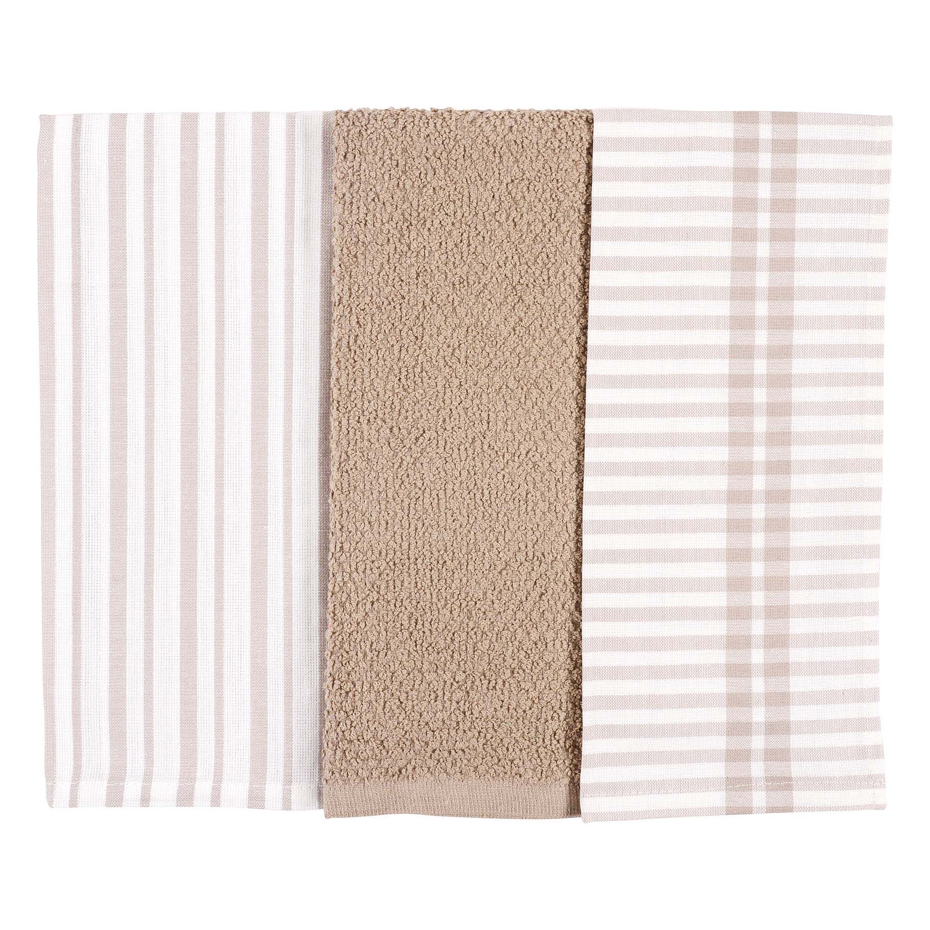 Set of 3 Mixed Taupe Flat Terry Kitchen Towels