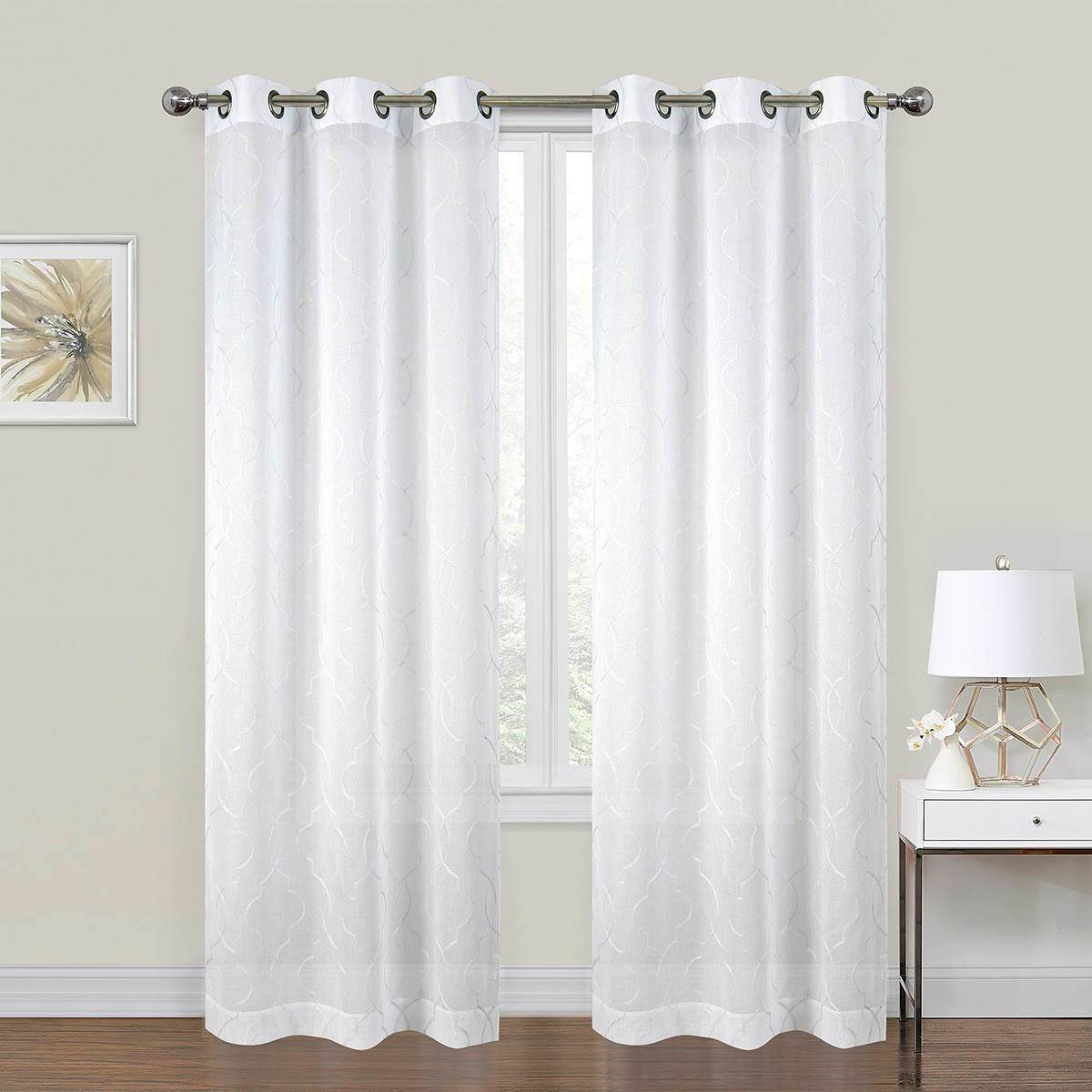 2-Pack White Metallic Embroidered Geo Grommet Curtain Panels, 84"