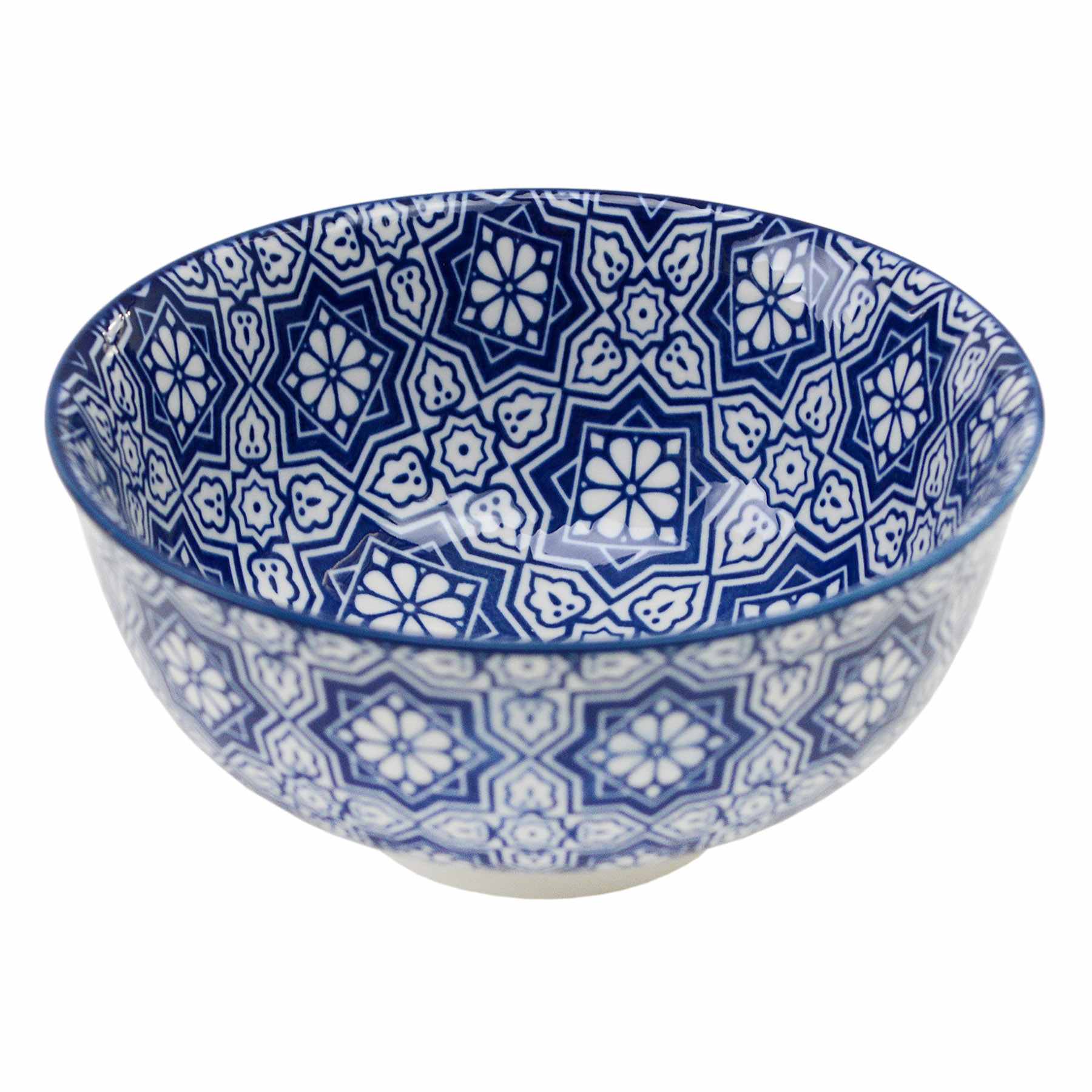 Blue & White Geo Floral Pattern Porcelain Bowl, 4"