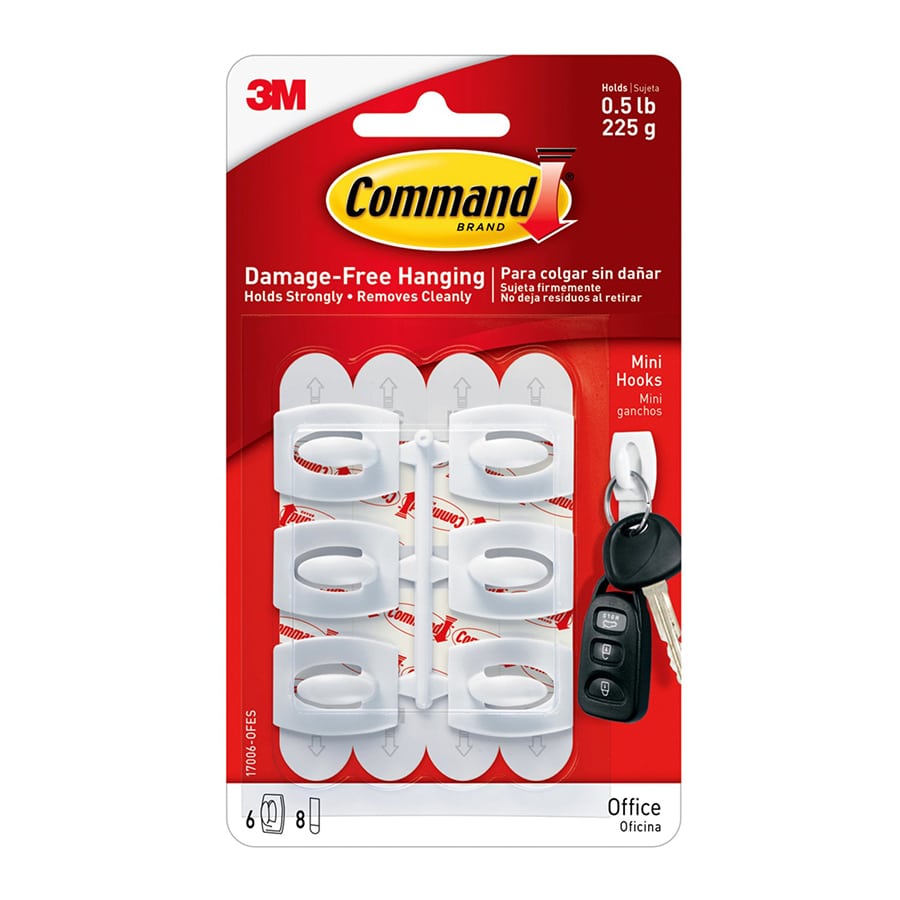 Command? Mini White Hooks with White Strips 6-Hooks, 8-Small Strips