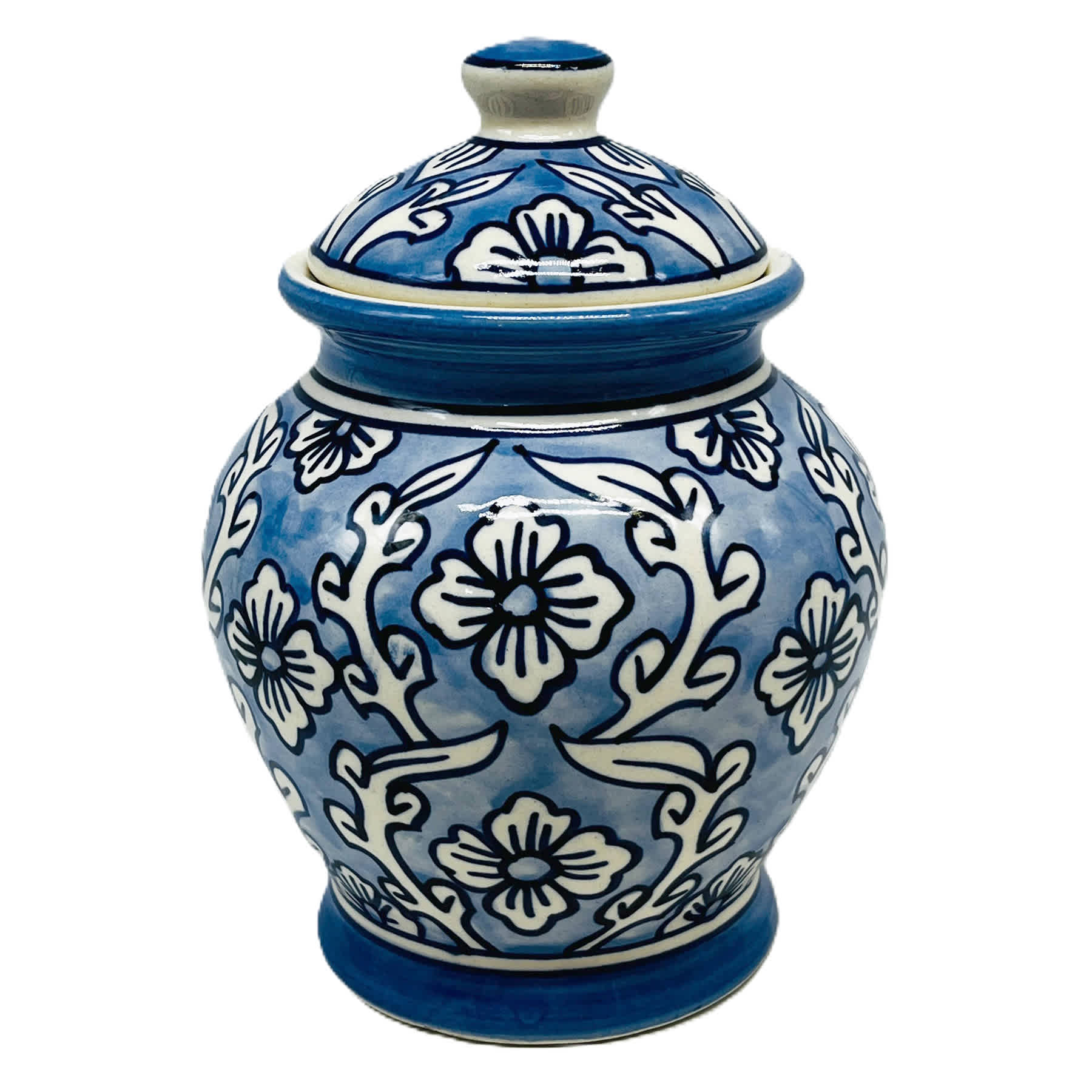 Light Blue Handpainted Floral Ceramic Ginger Jar, 7.5"