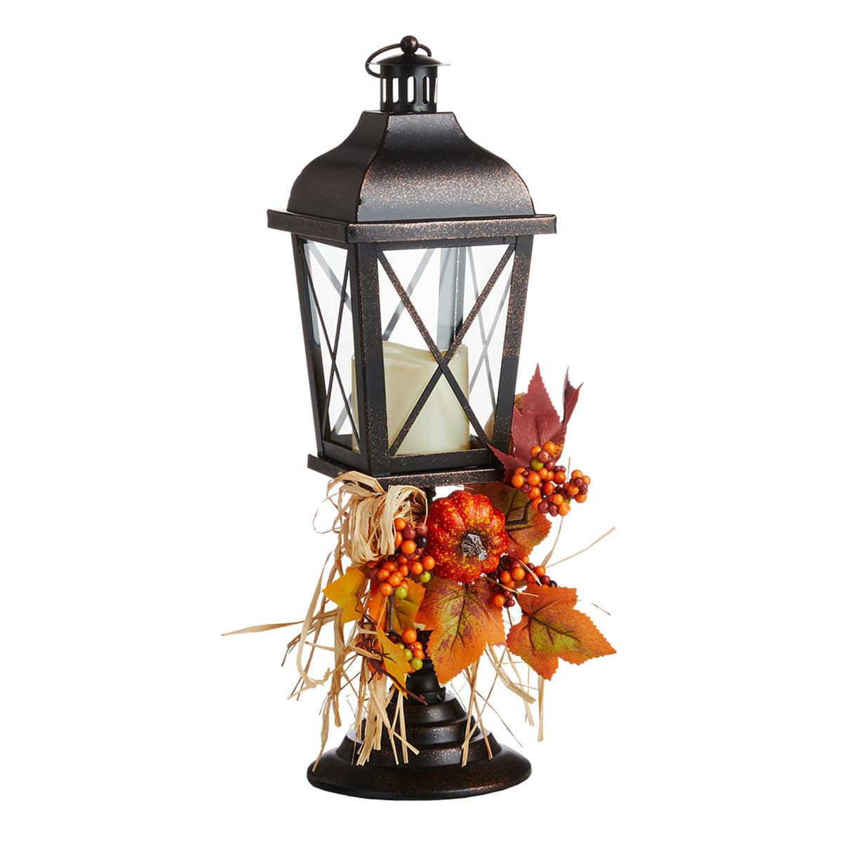 Homespun Harvest Rustic Metal Lantern With Pumpkins, 19"