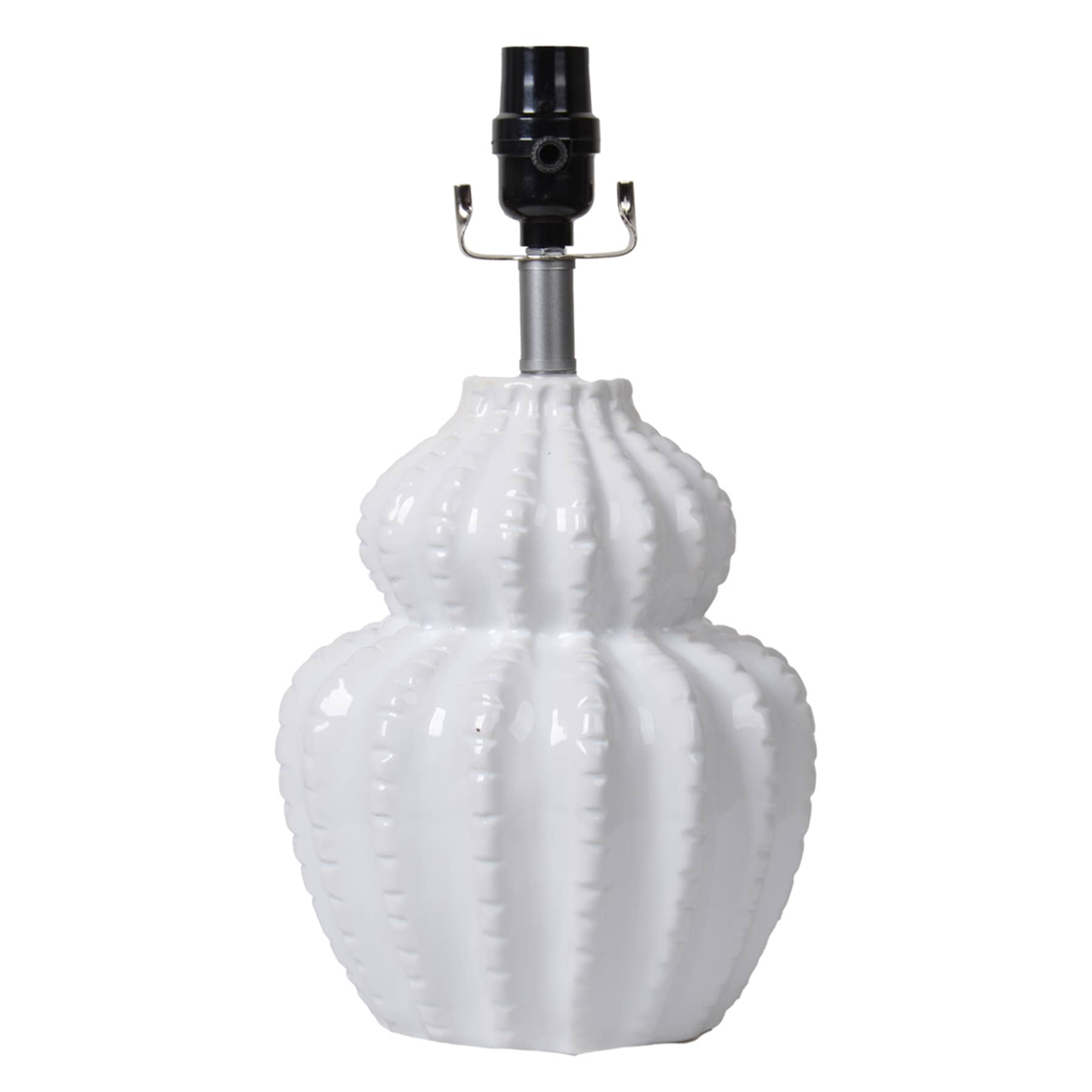 White Ceramic Double Gourd Ribbed Small Lamp, 13.5"