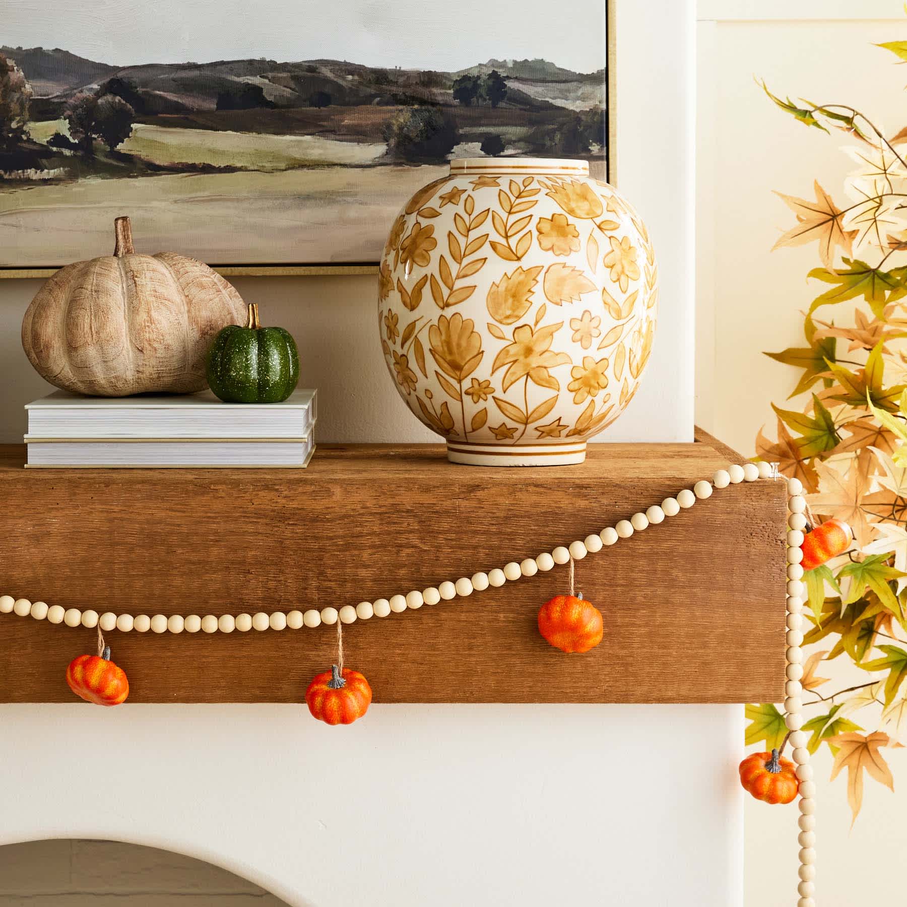 Orange Pumpkin with Wood Beads Garland