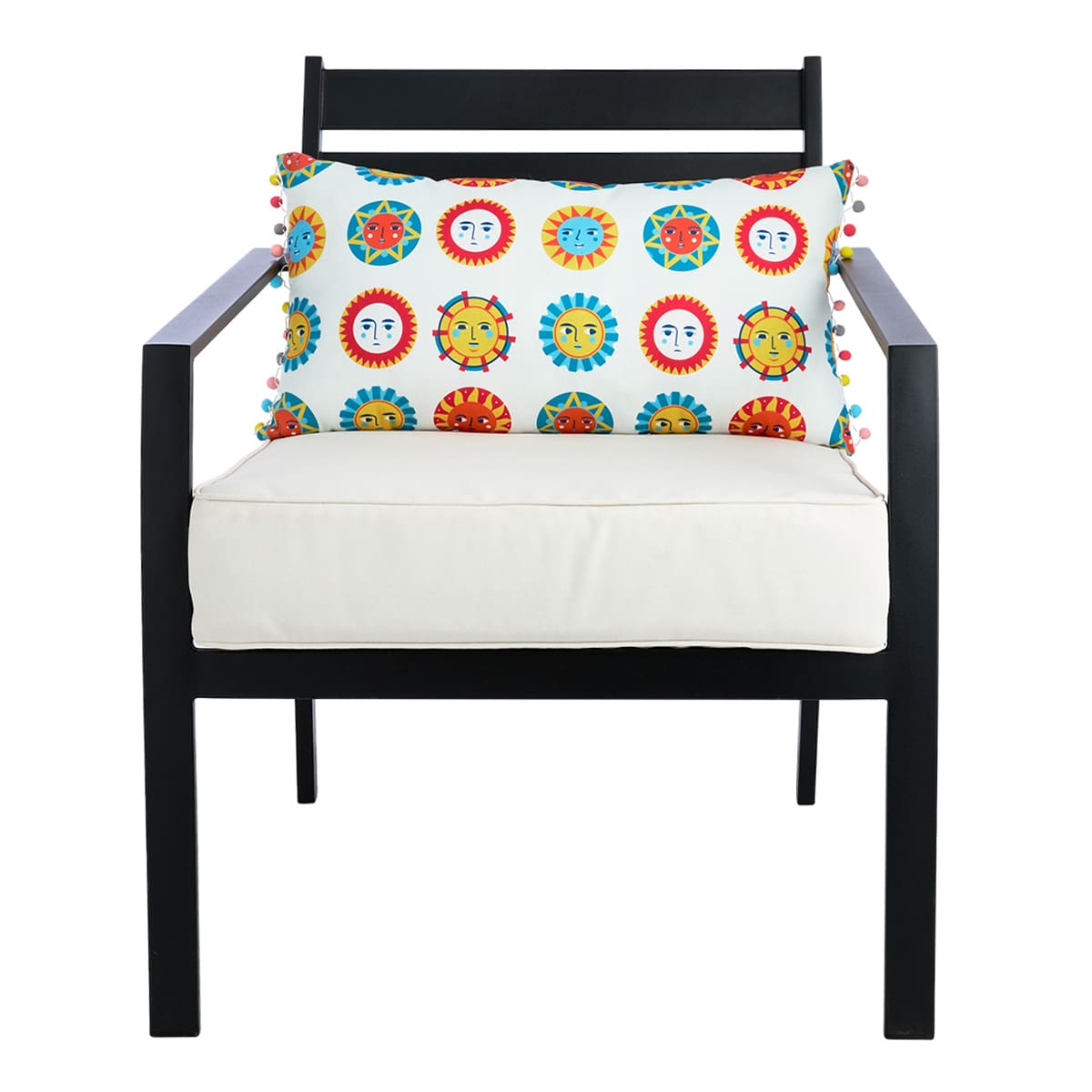 Sun With Mini Pom Pom Trim Lumbar Outdoor Throw Pillow, 26x14