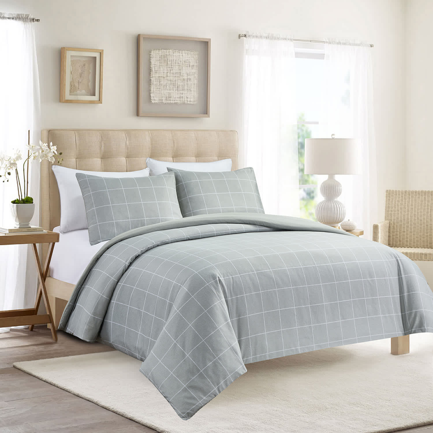 4-Piece Grey Windowpane Printed Duvet Set with Insert, Full/Queen