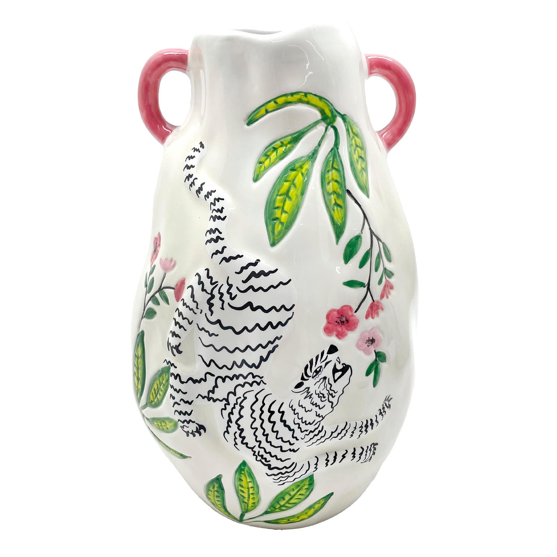 Ivory Hand Painted Tiger Vase with Handles, 10.6"