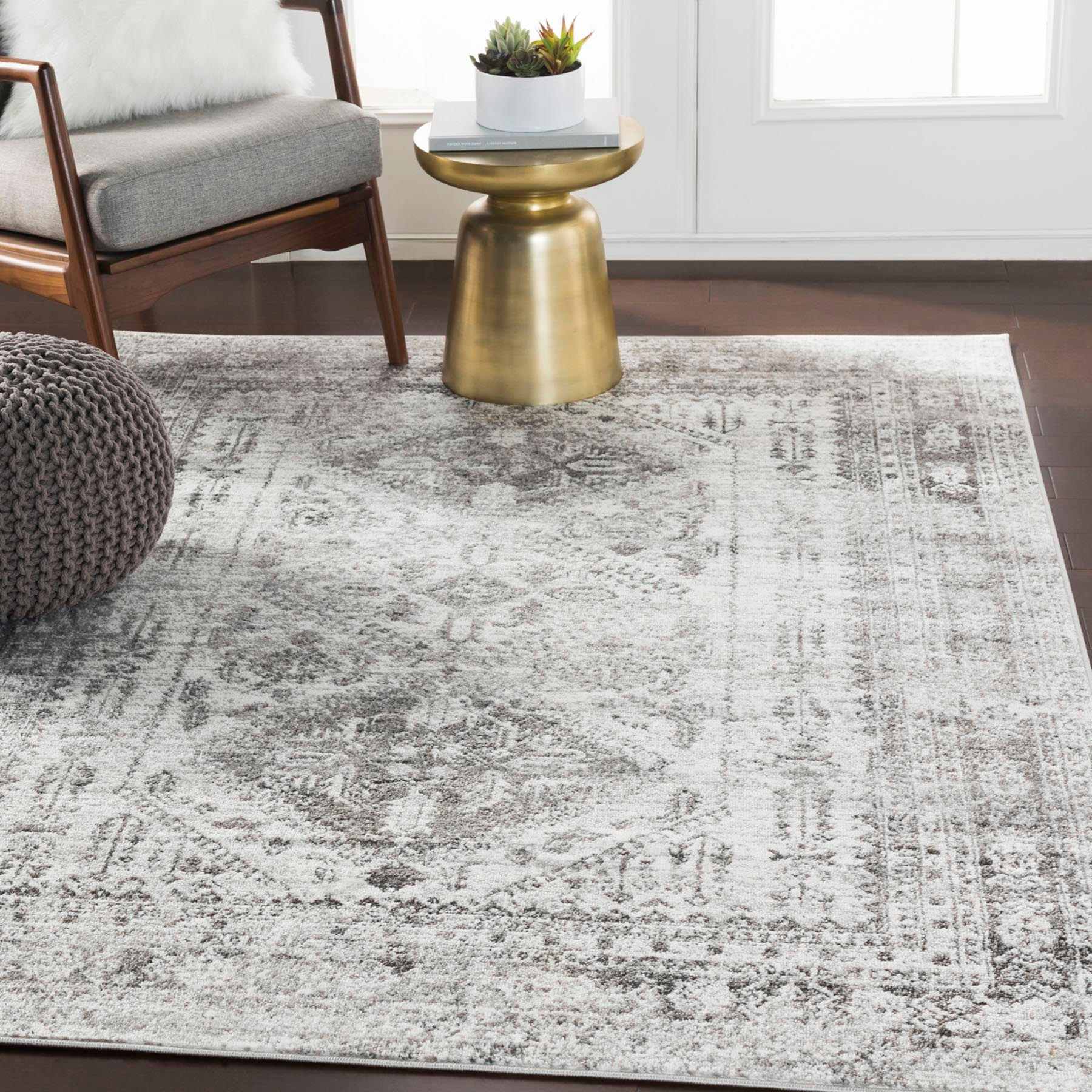 (D507) Monte Carlo Grey Medallion Border Area Rug, 8x10