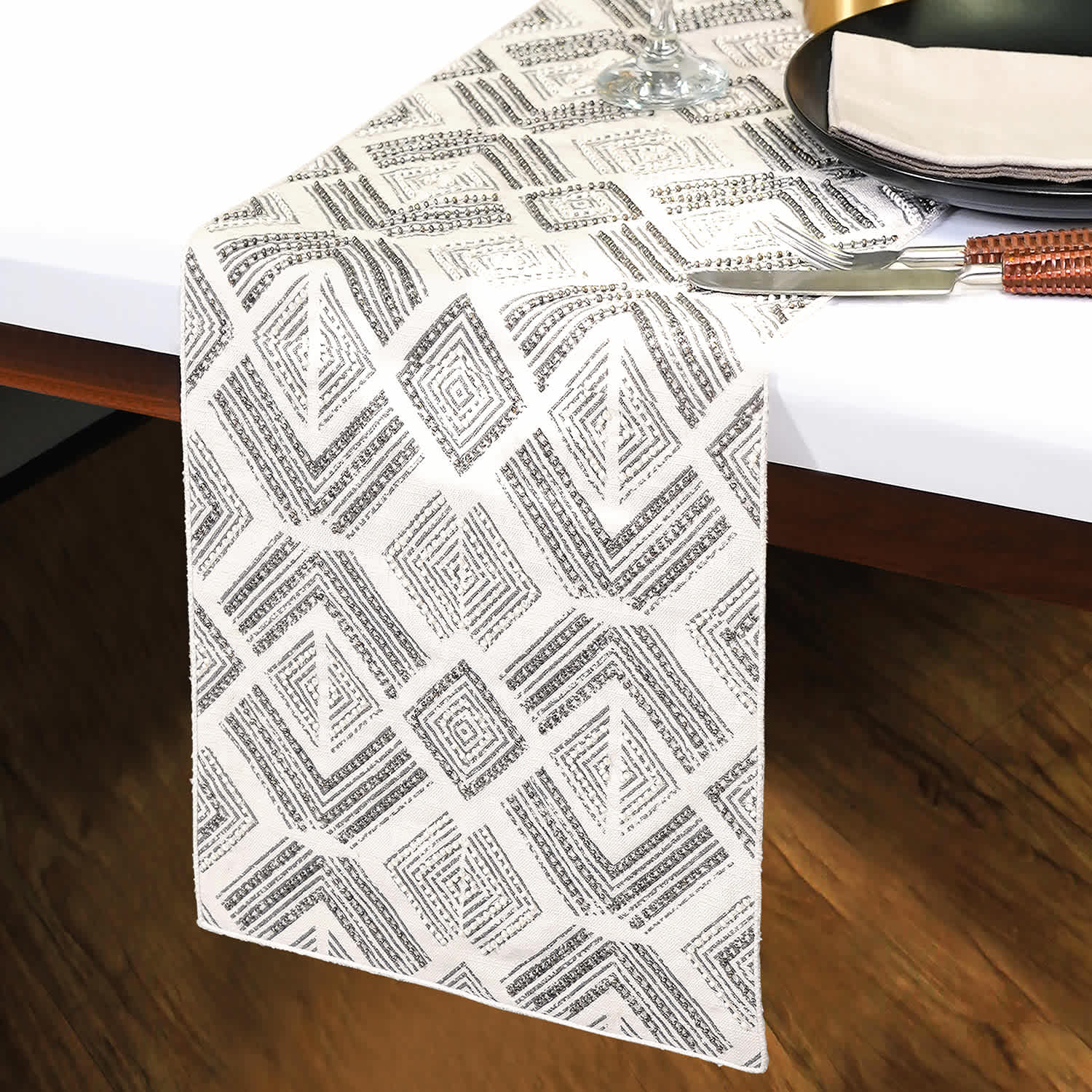 Neutral Semi-Beaded & Embroidered Tribal Table Runner, 36x13