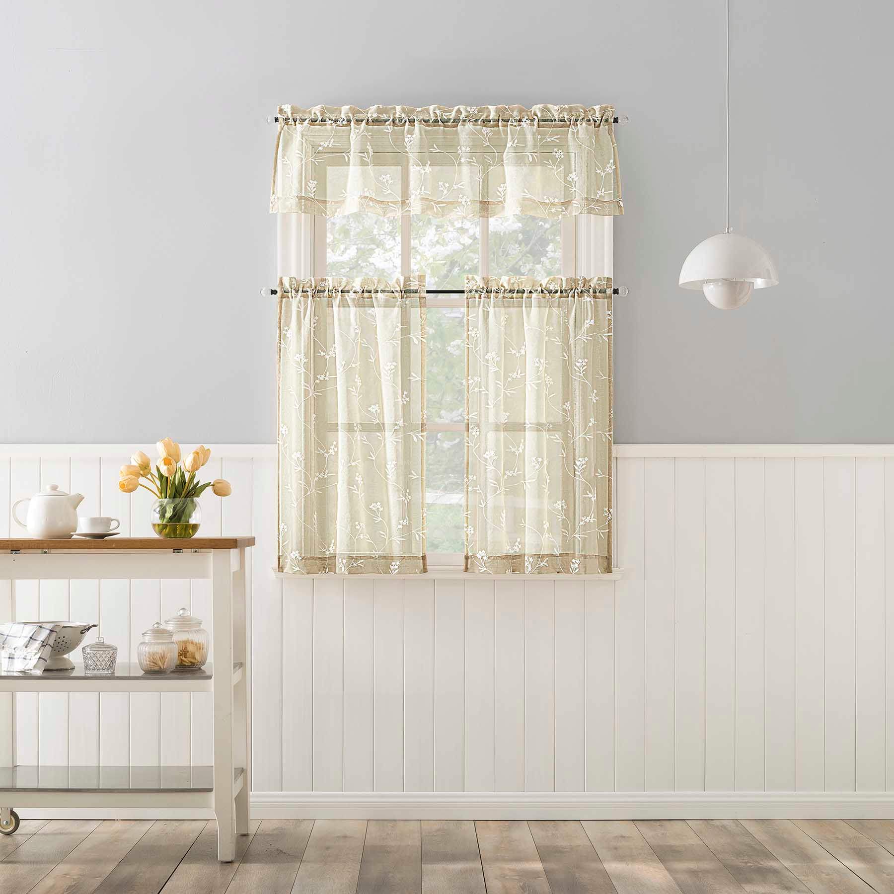 White & Taupe Small Tiered Curtain Panel, 54"