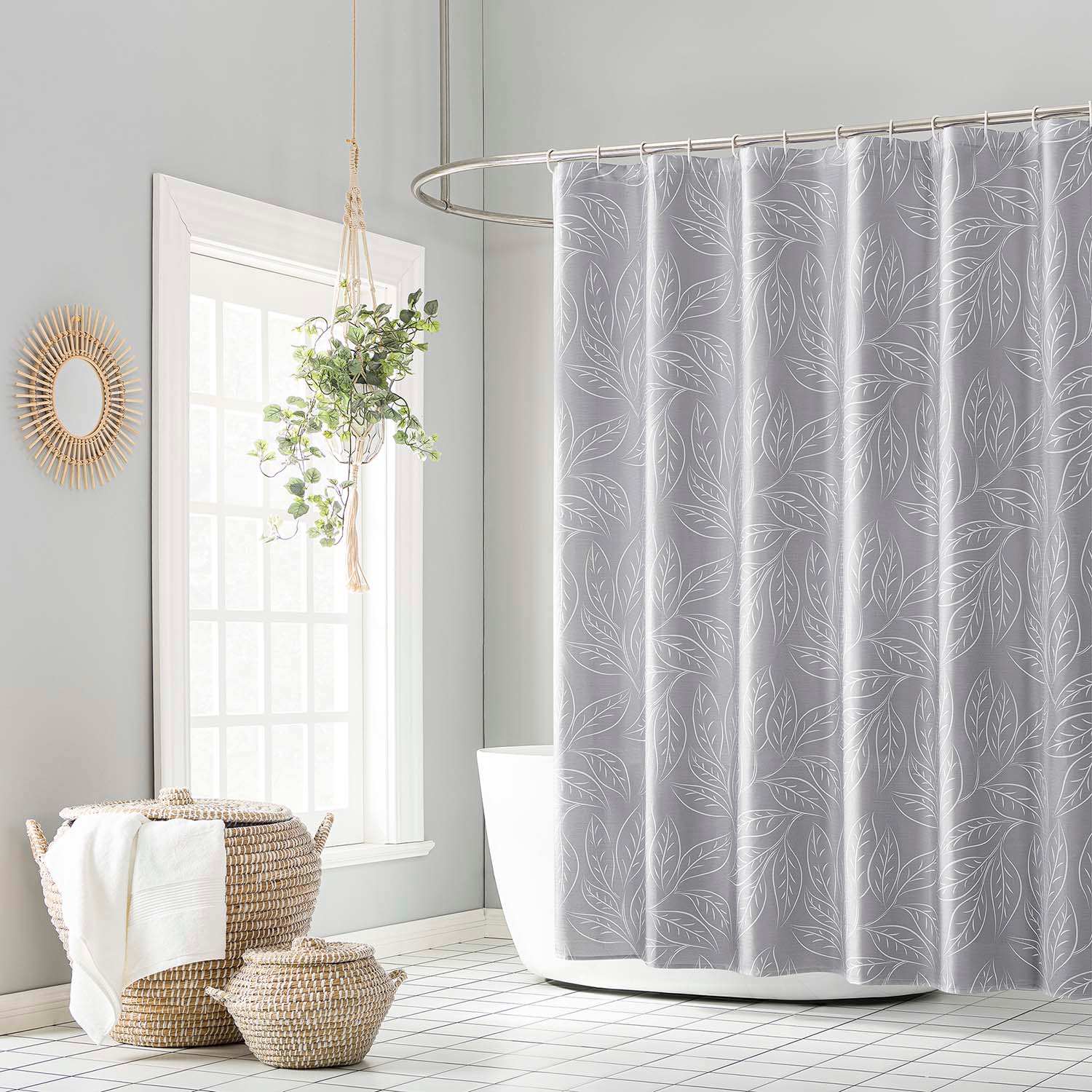 13-Piece Brampton Grey Leaves Shower Curtain Set, 70x72