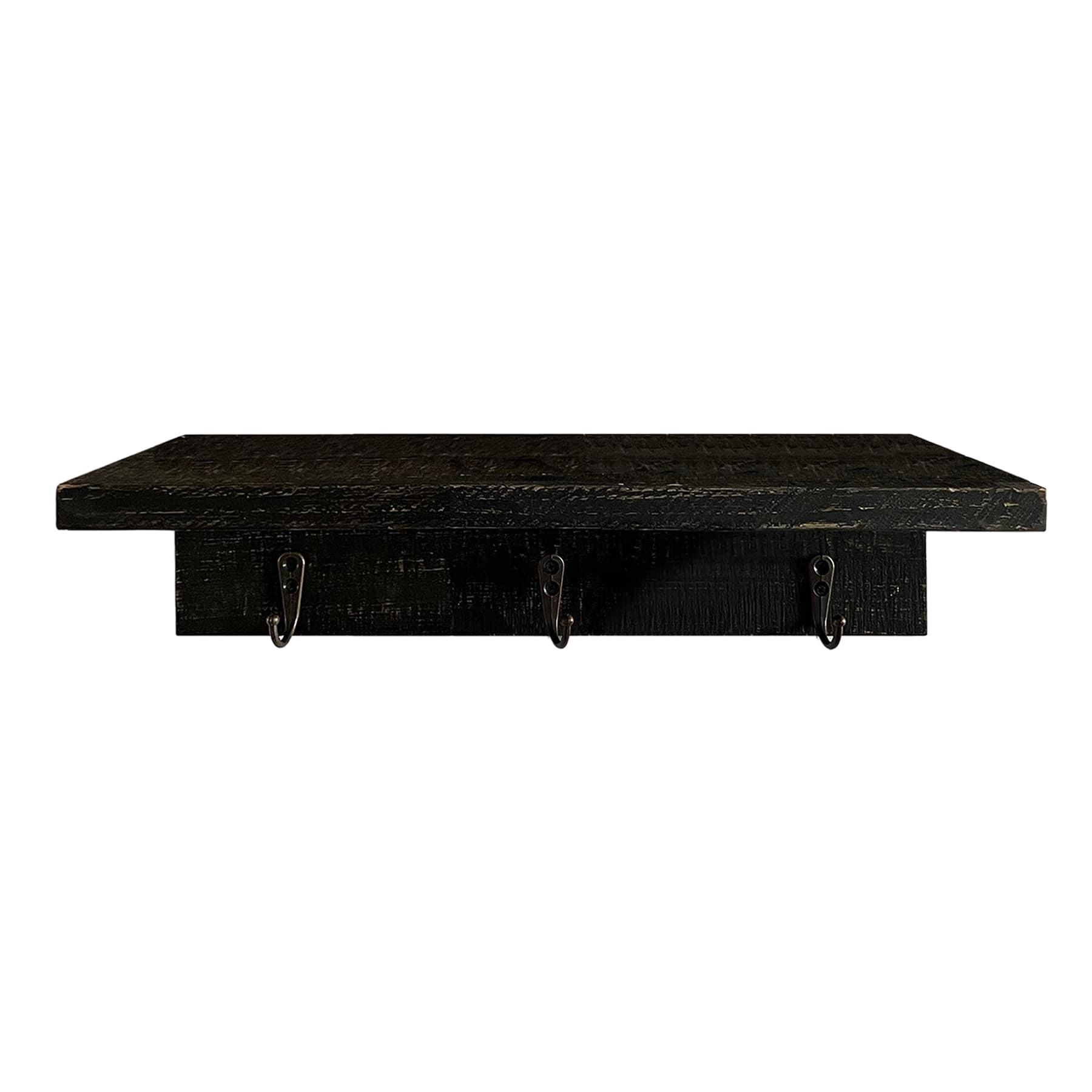 Brown Wooden Wall Shelf with Hooks, 16"