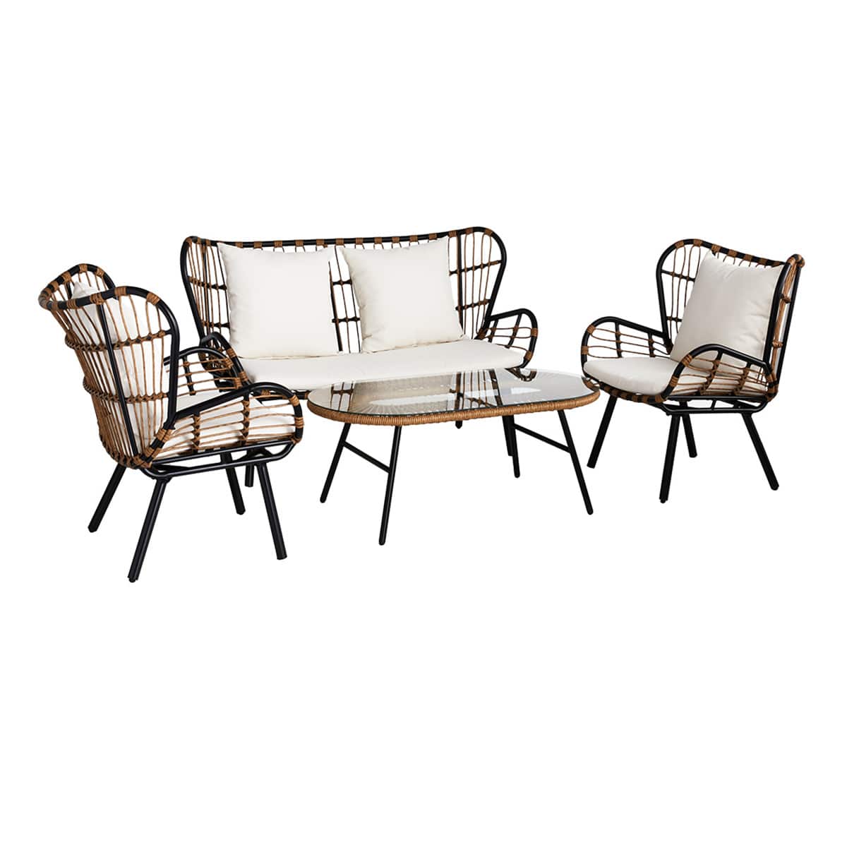 Found & Fable Mila 4-Piece Seating Set Black & Tan with Natural Canvas Cushions