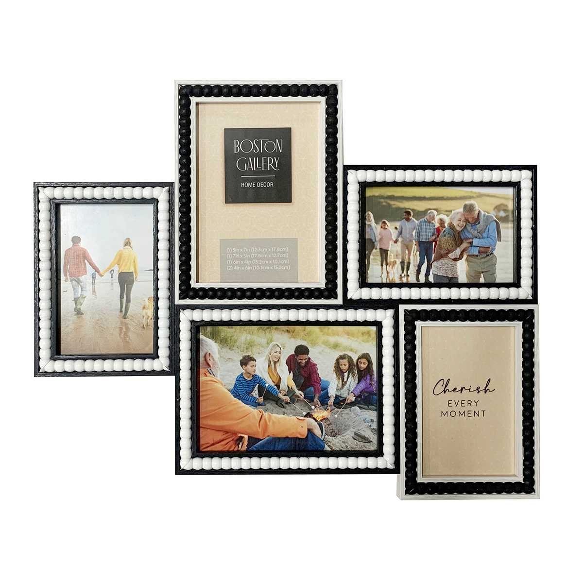 5-Opening Black & White Beaded Collage Wall Frame, 18x15