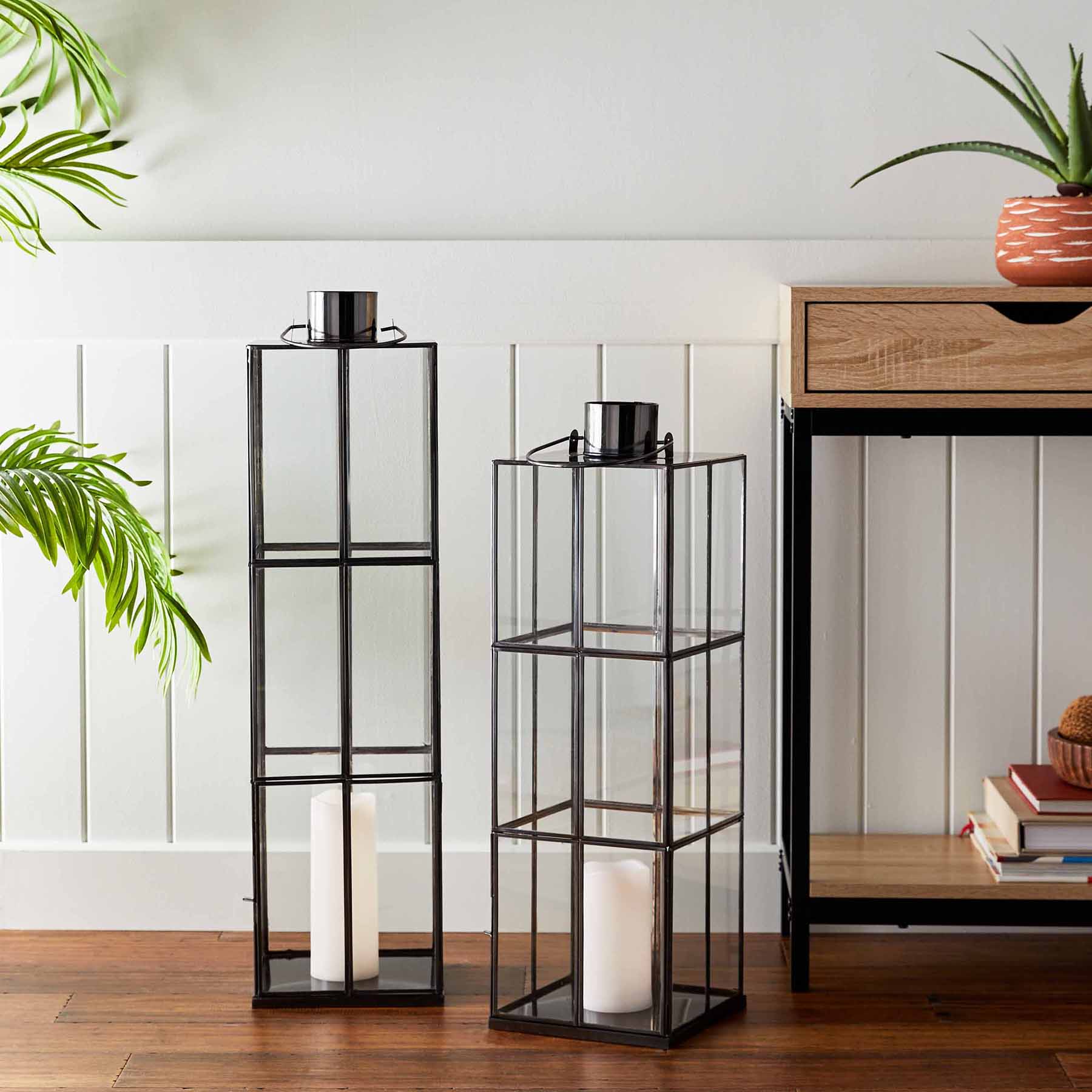 Black Metal Rectangle Cutout Oversized Lantern, 30"
