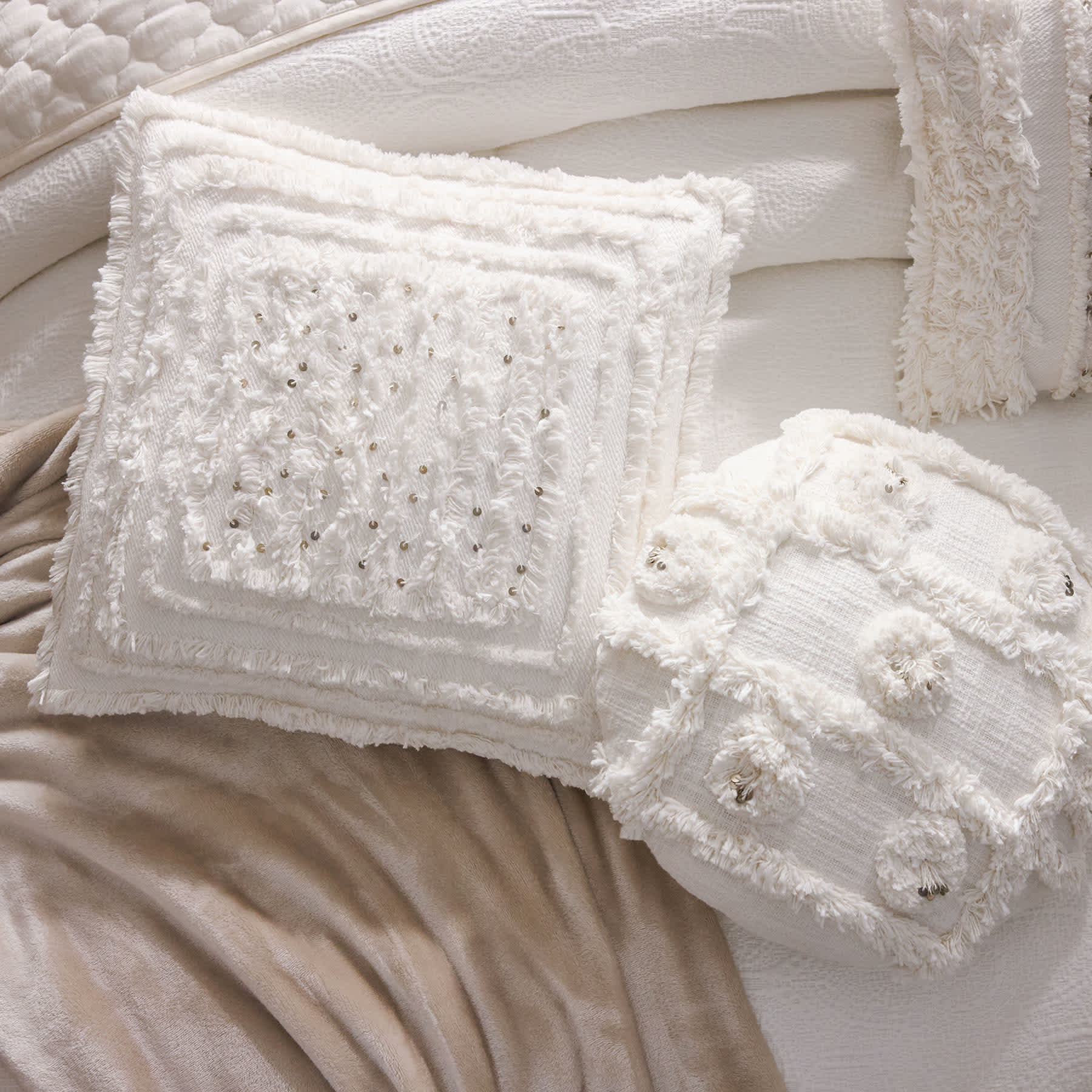 Found & Fable White Tufted Square Throw Pillow with Sequins, 18"