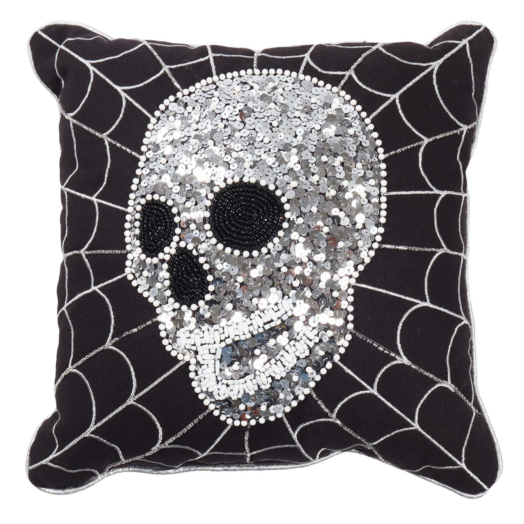 Sequin Skull with Web Throw Pillow, 14"