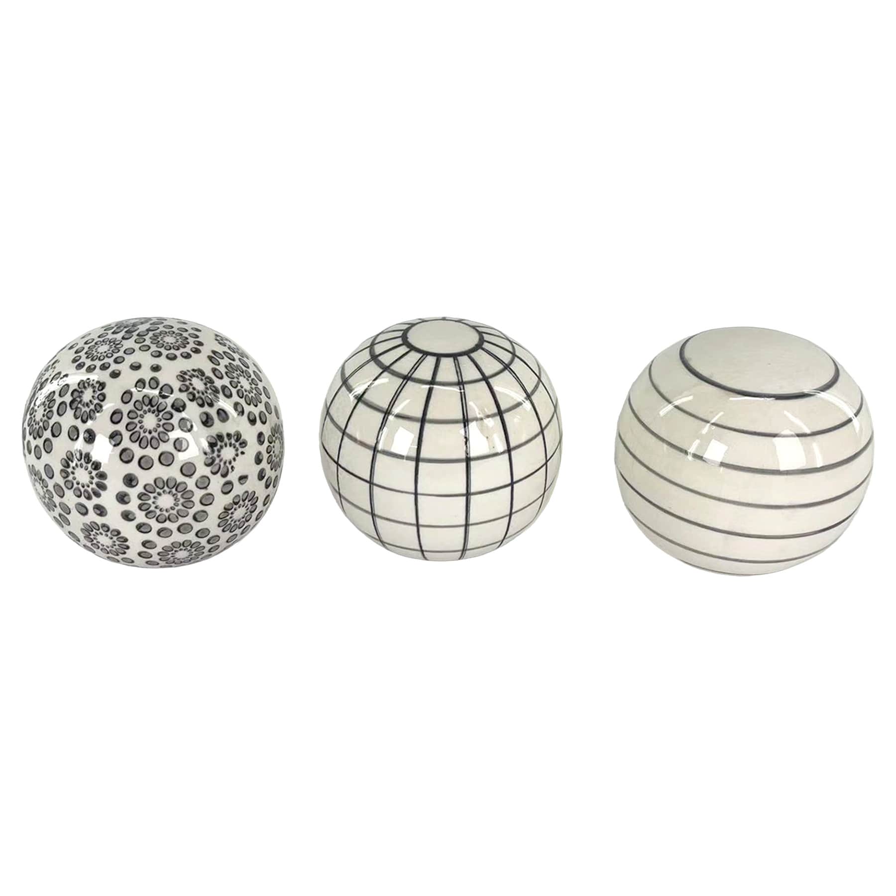 3-Piece Black & White Patterned Ceramic Orbs, 3.5"