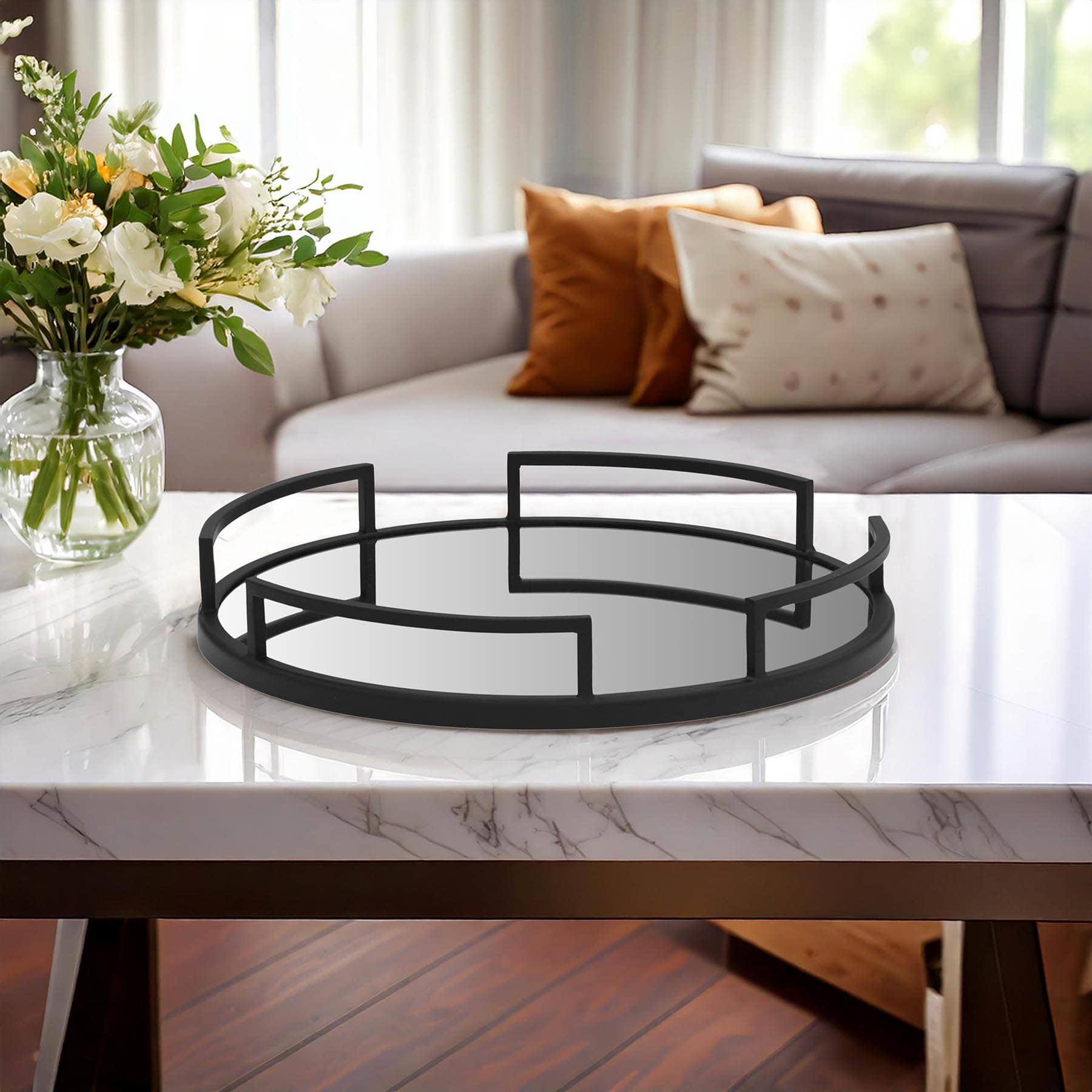 Round Black Metal Tray with Mirror, 20"
