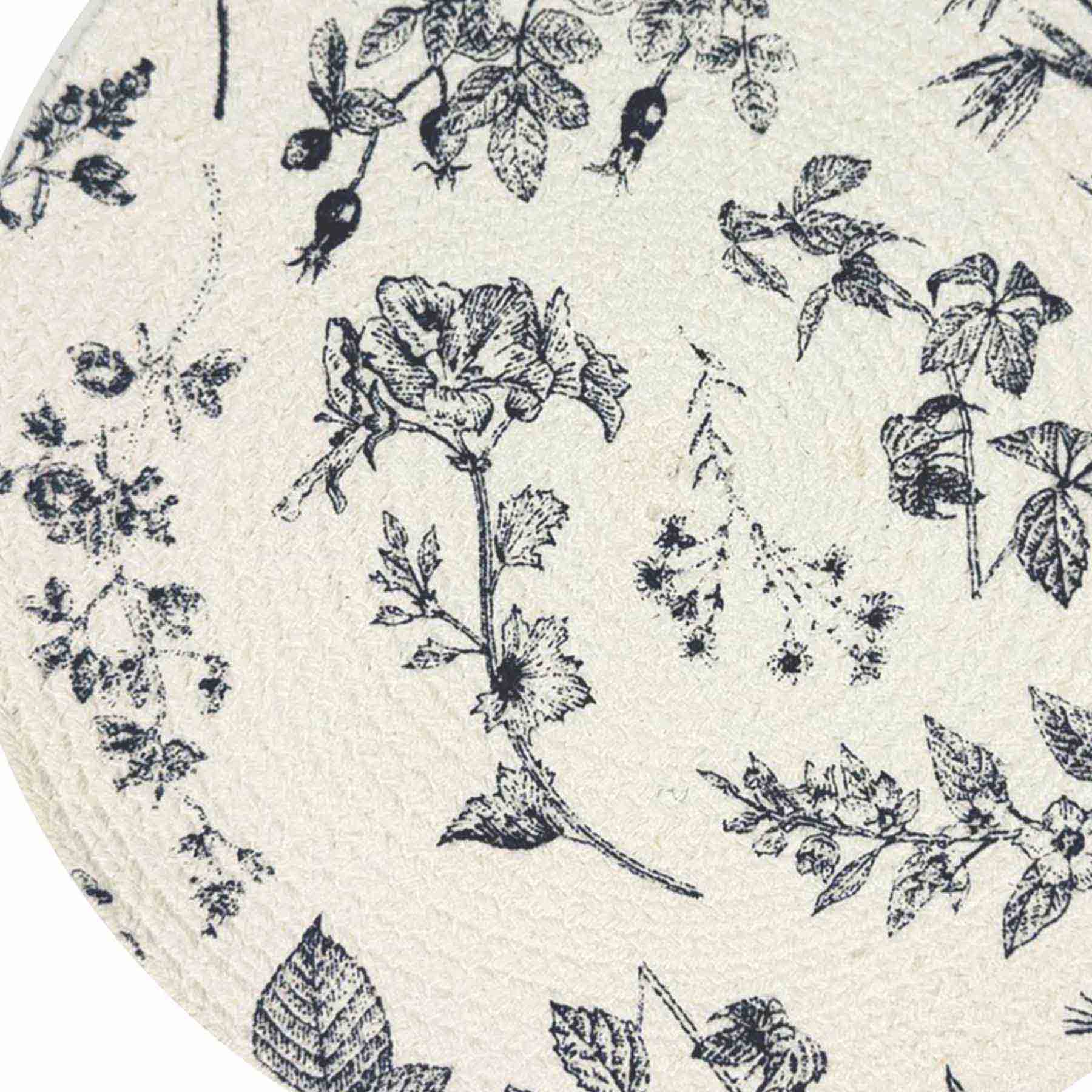 Navy Blue Floral Print Braided Round Placemat, 15"