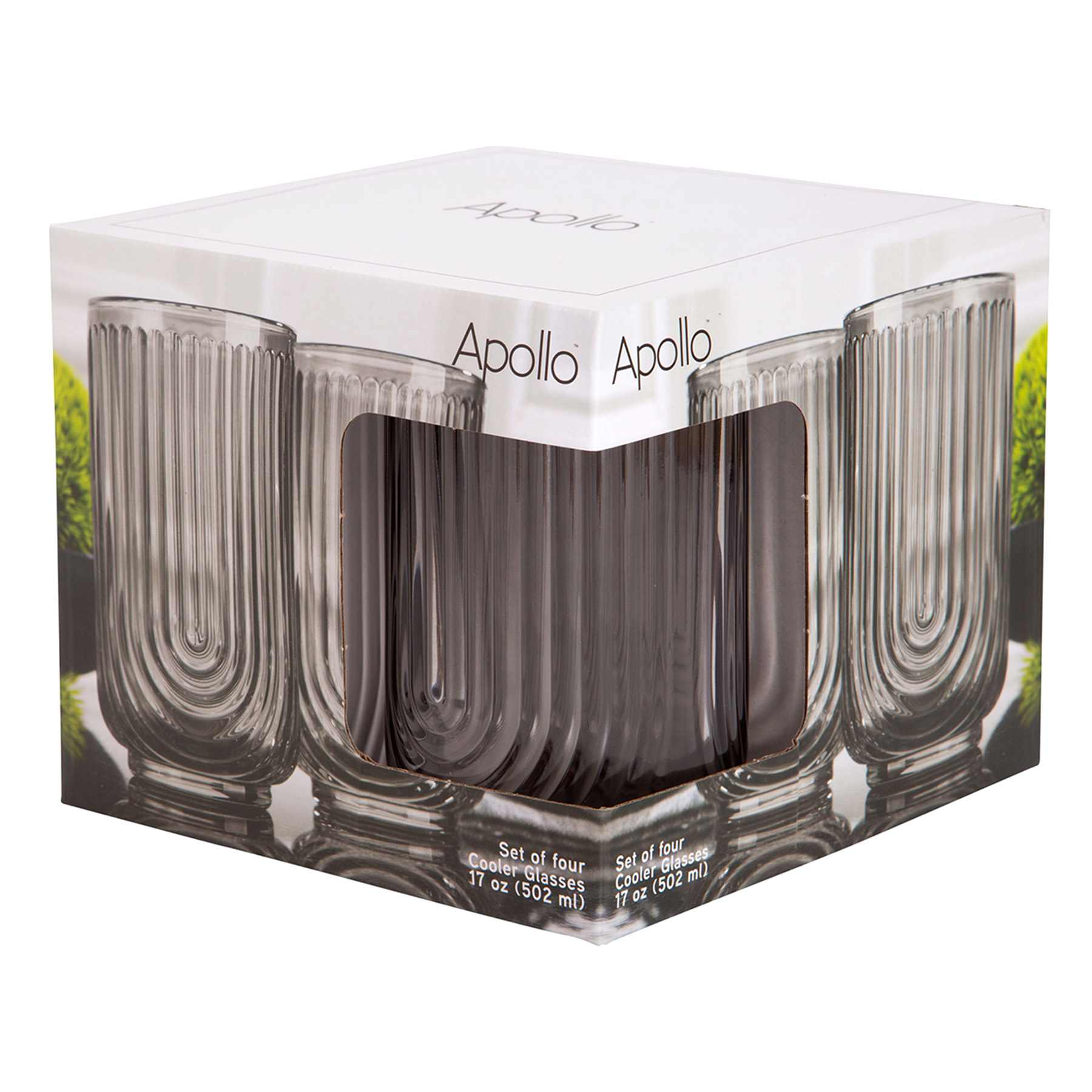 Apollo Set of 4 Smoke Grey Highball Glasses, 17oz