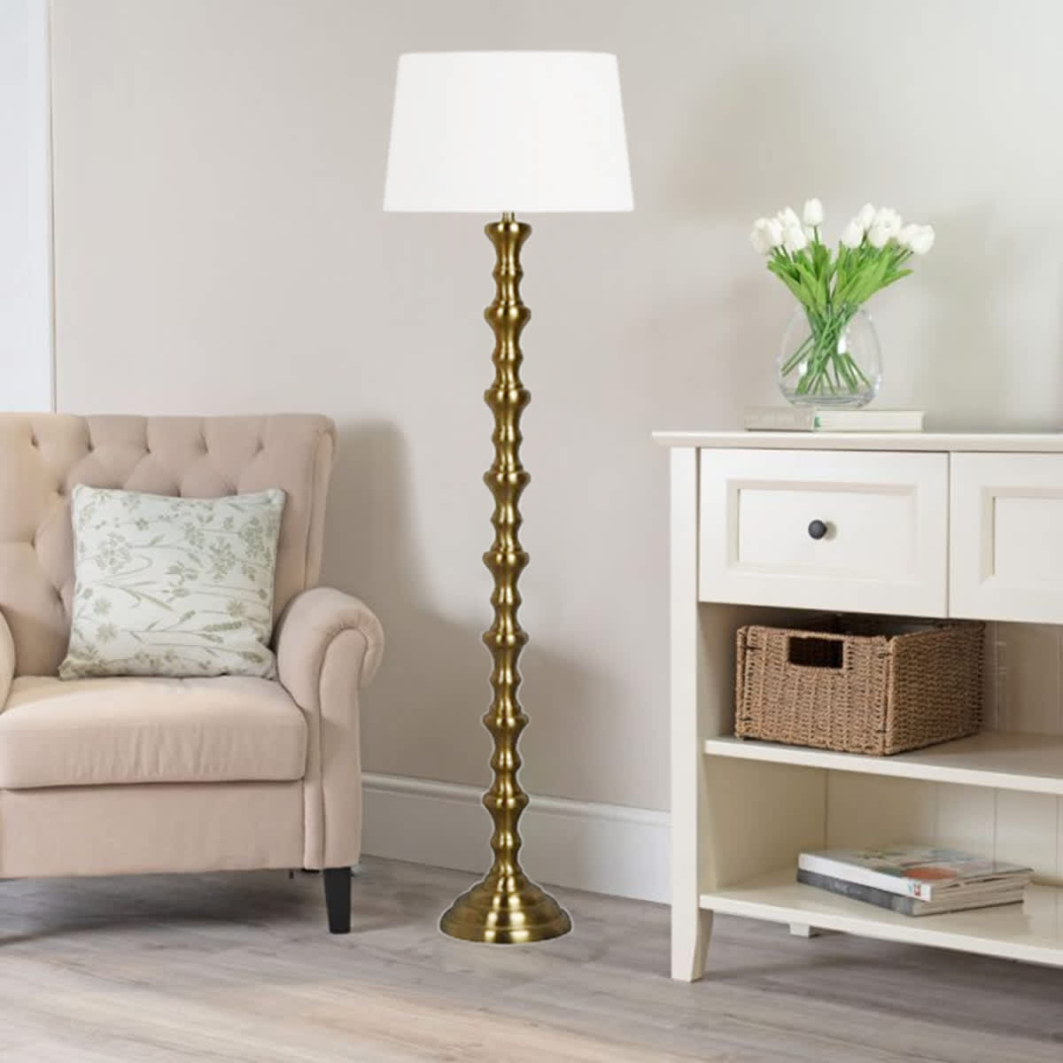 Brass Metal Turned Floor Lamp with Shade, 61"