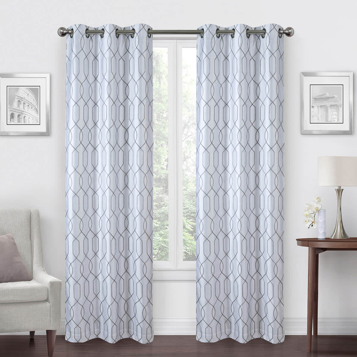 White & Grey Silk Embroidered Blackout Grommet Curtain Panel, 84"