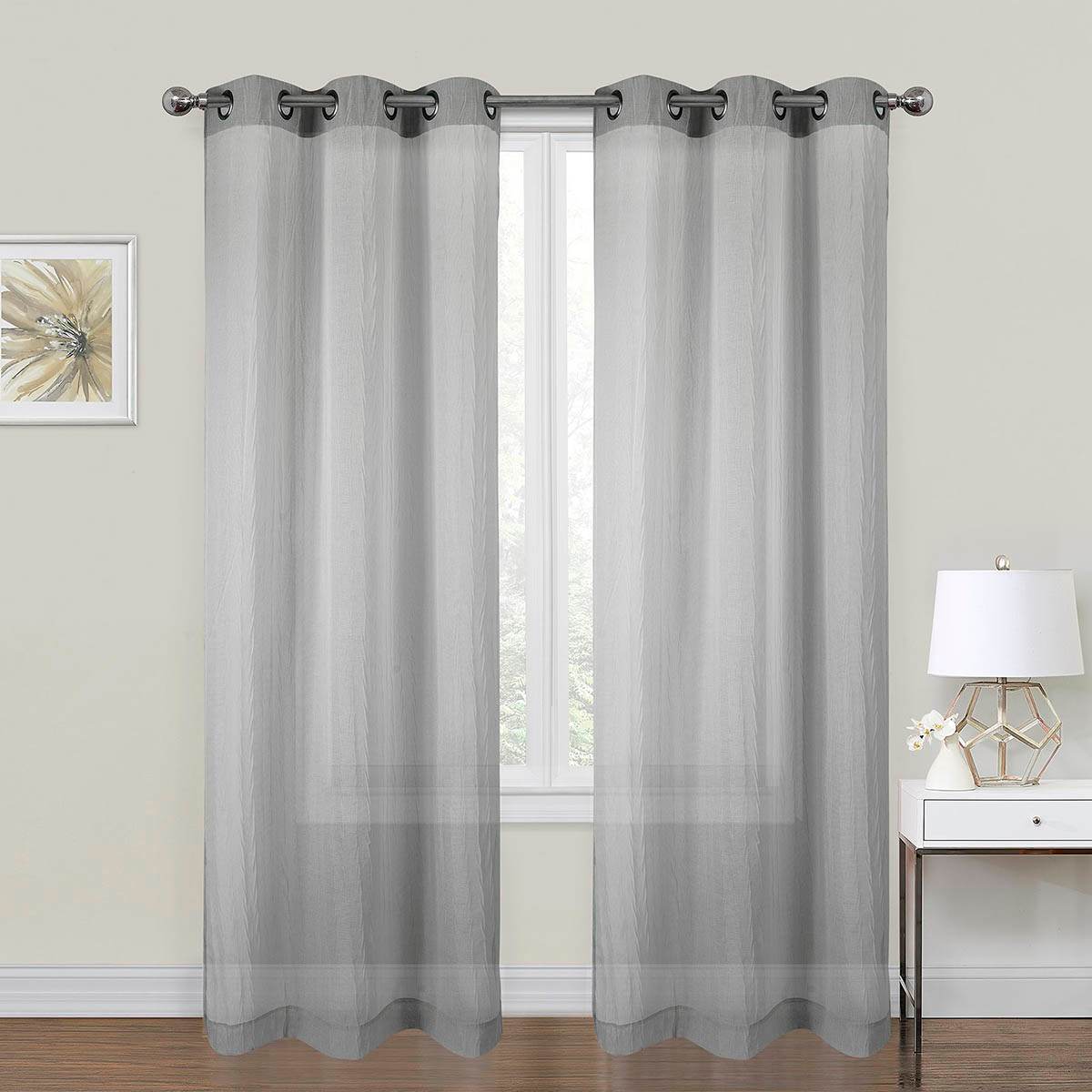 2-Pack Grey Crushed Sheer Grommet Curtain Panels, 84"