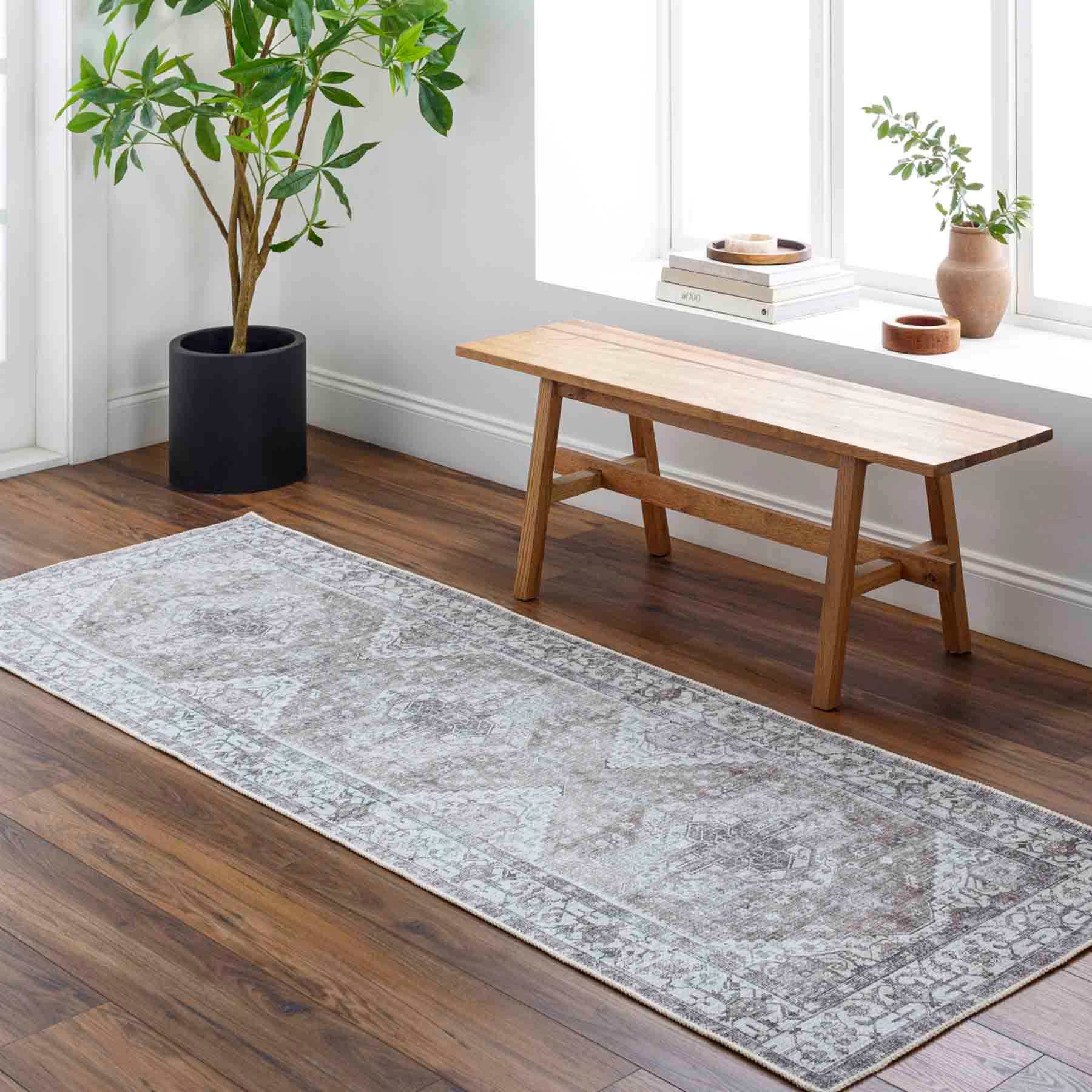 Amelia Taupe Medallion Design Washable Runner, 2x8
