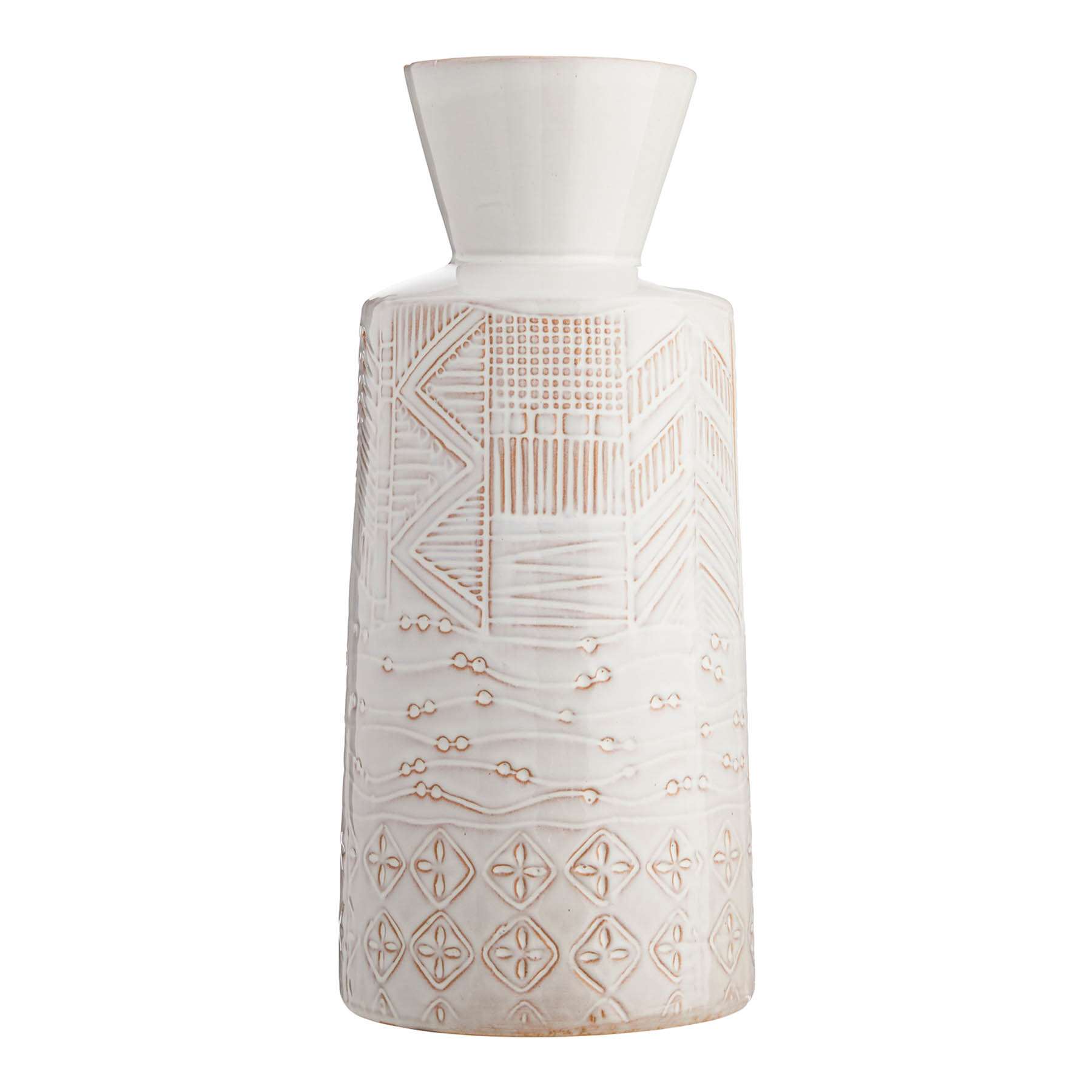 White Ceramic Tribal Vase, 12.5"