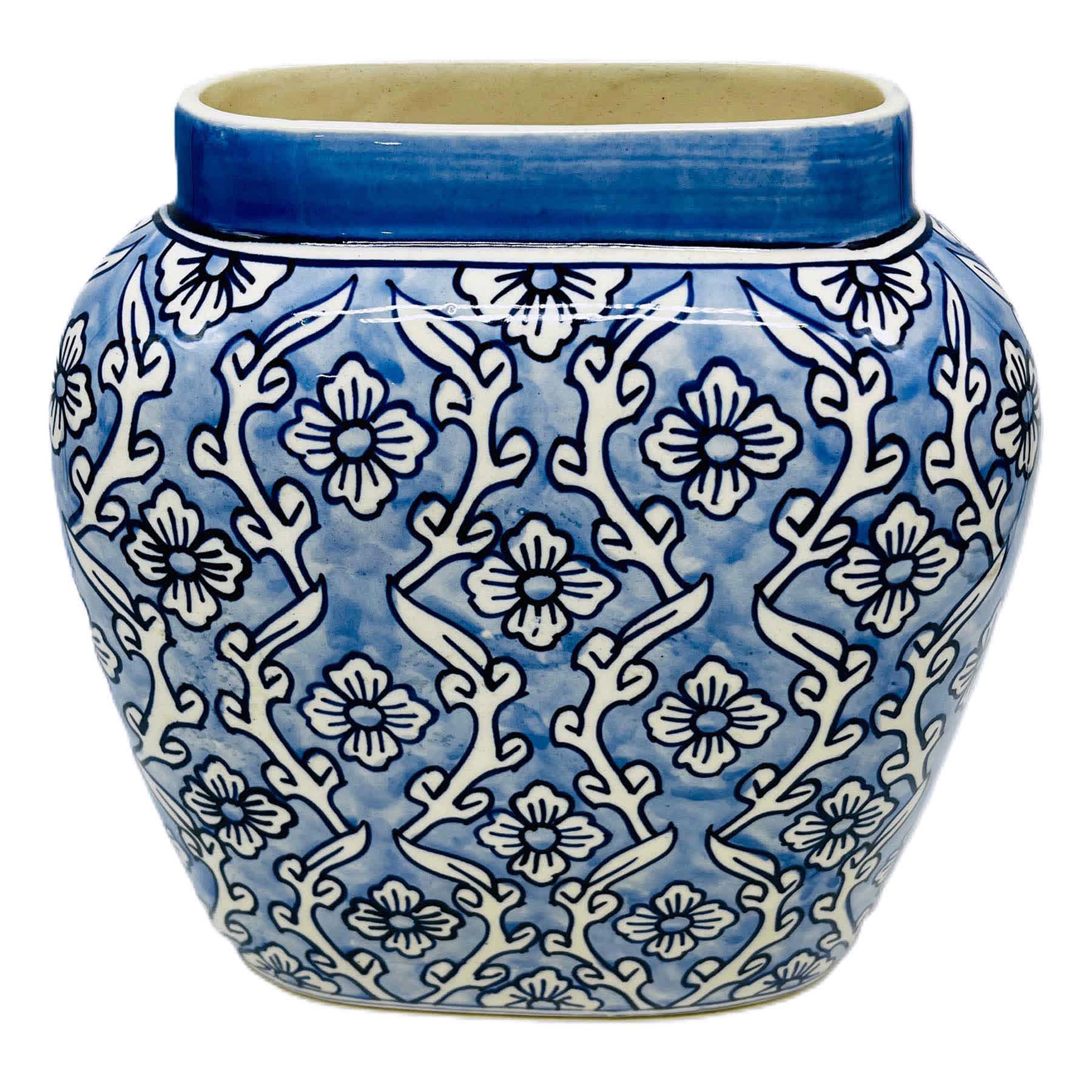 Light Blue Hand Painted Floral Ceramic Vase, 10.25''