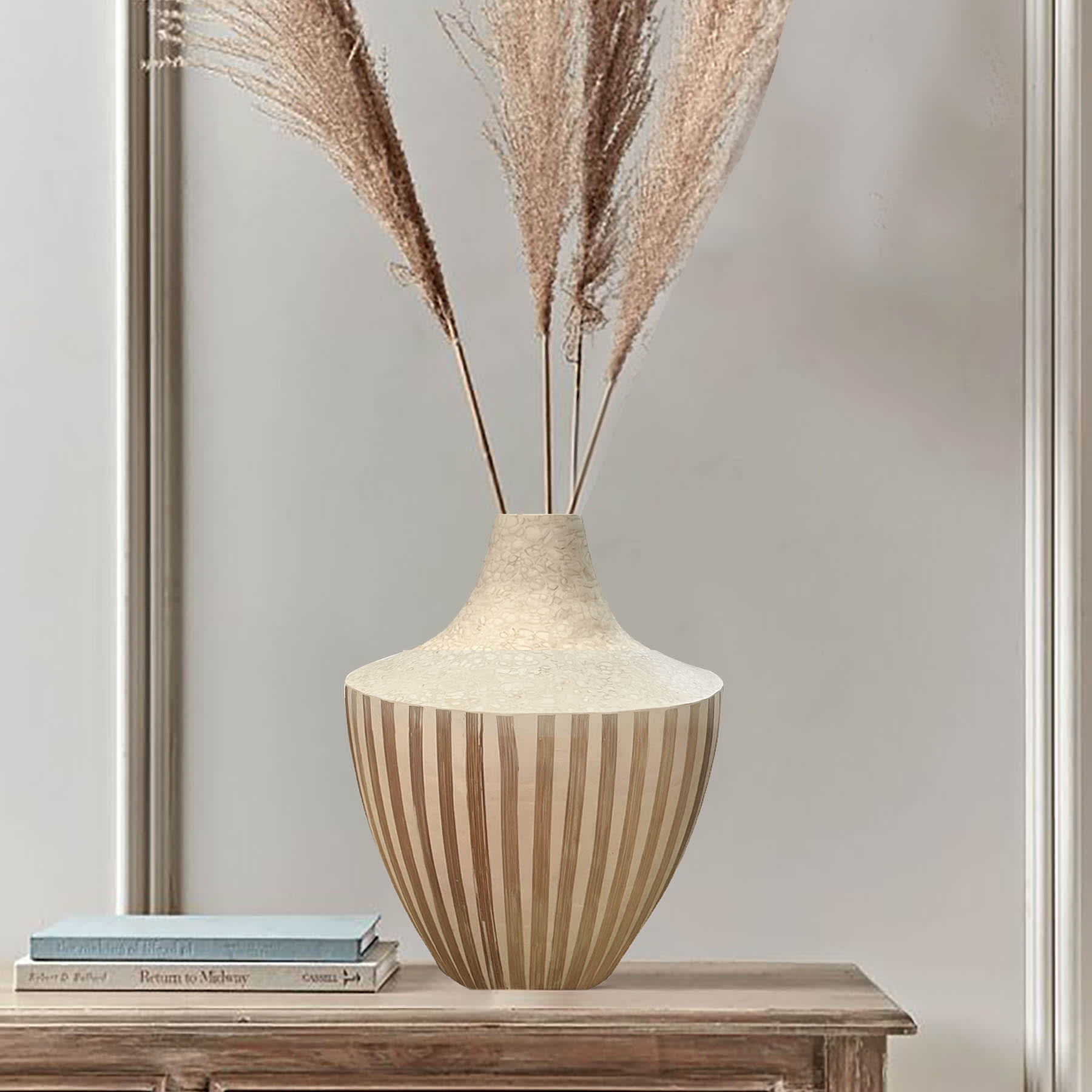 White Eggshell & Stripped Bamboo Vase, 12.2"