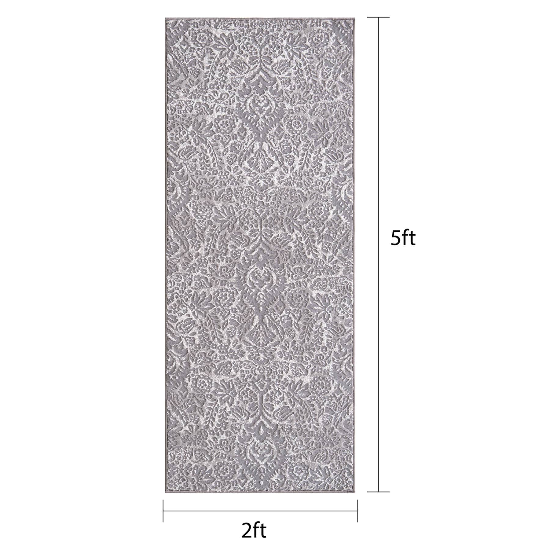 Traditional Grey Baroque High-Low Washable Runner, 2x5