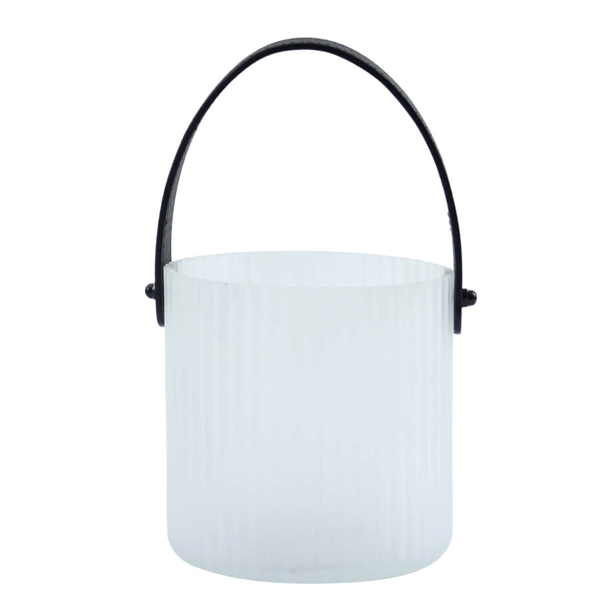 Frosted Ribbed Glass Lantern with Black Leather Handle, 4.7"