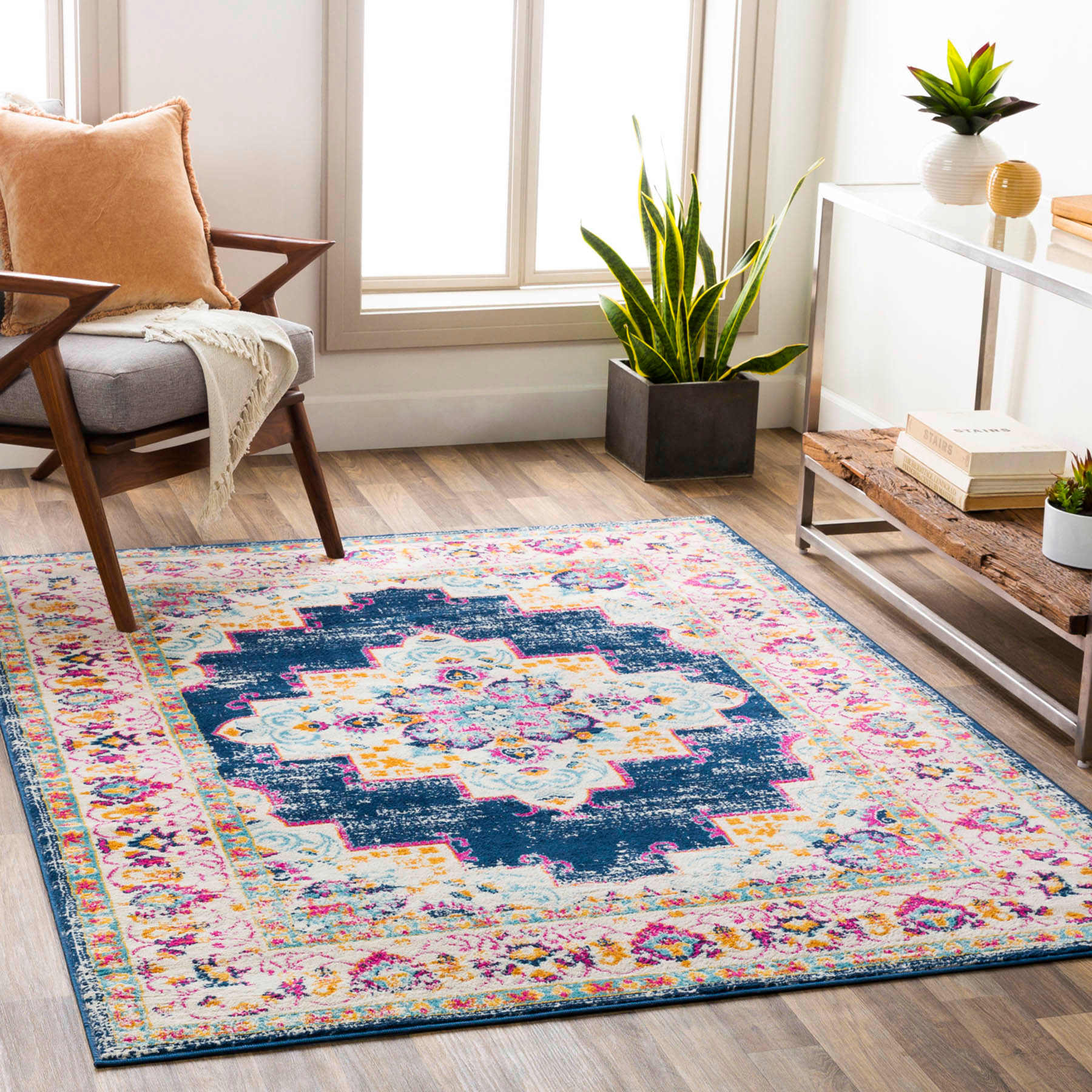 (D494) Found & Fable Floransa Blue & Pink Medallion Runner, 2x7