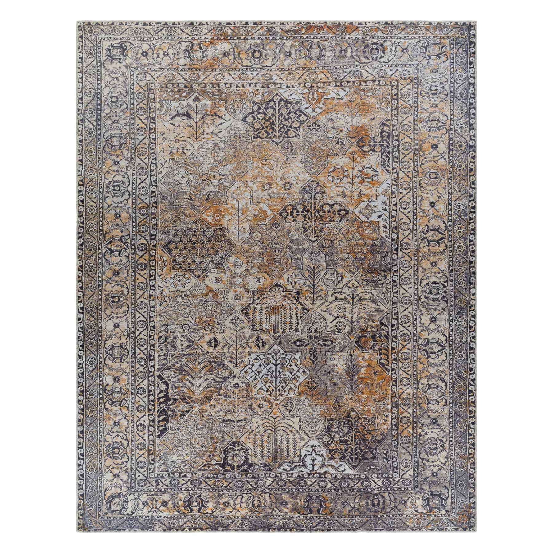 (B881) Tahmis Black & Gold Medallion Washable Area Rug, 8x10