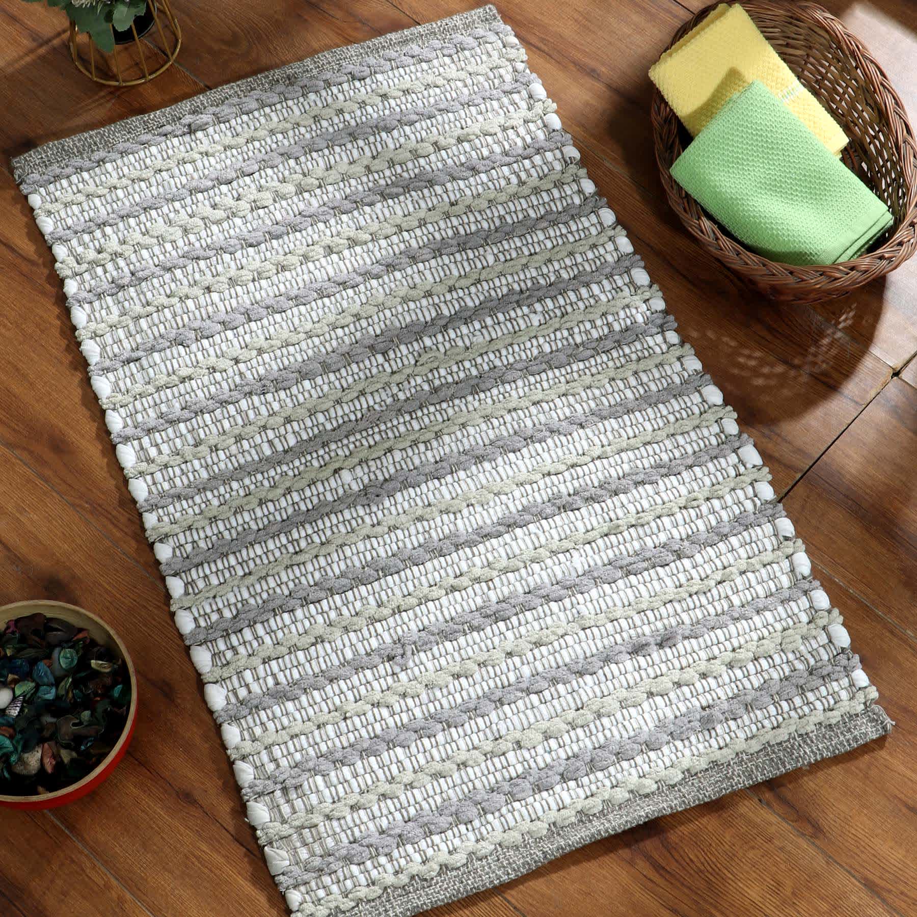 Grey Striped Cotton & Chenille Accent Rug, 20x32
