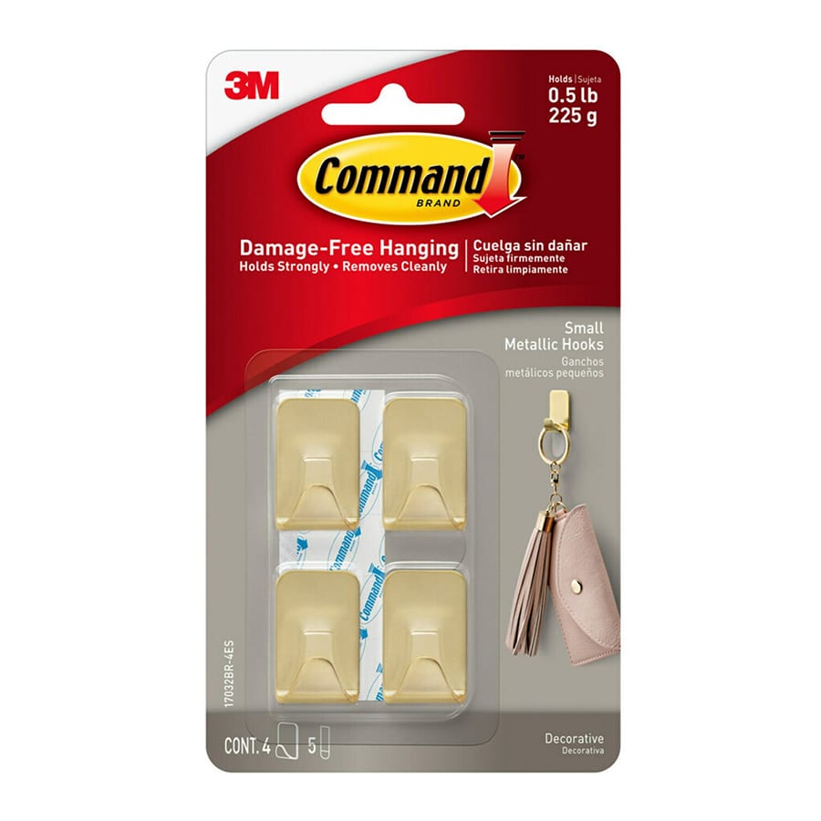 Command? Small Metallic Hooks, 4-Hooks, 5-Strips, Brass Color