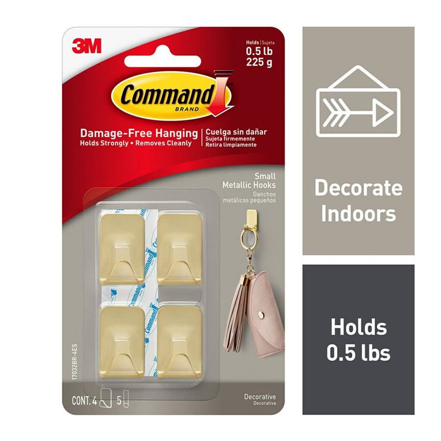 Command? Small Metallic Hooks, 4-Hooks, 5-Strips, Brass Color