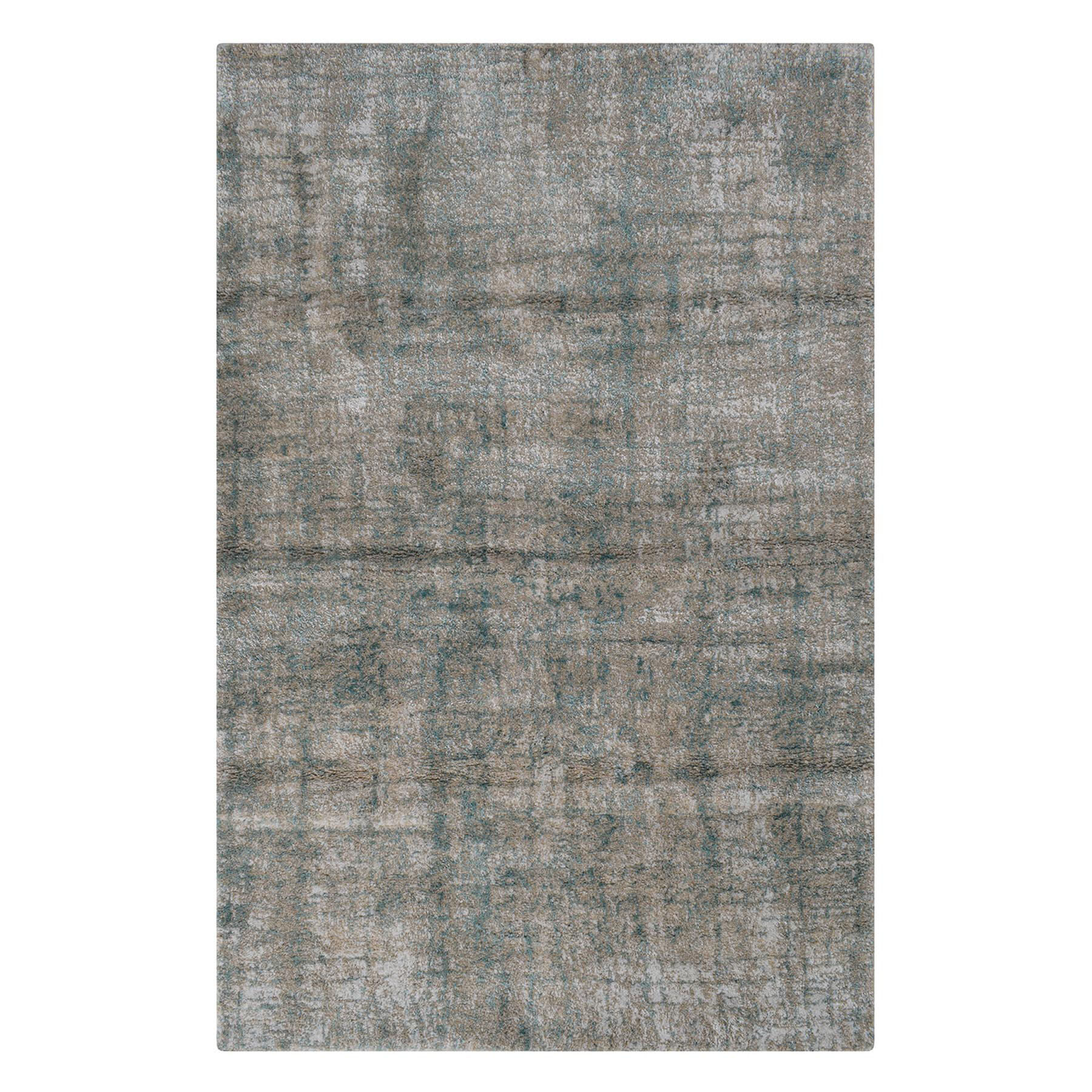 (B570) Ivory, Grey & Blue Modern Grid Design Area Rug, 5x8