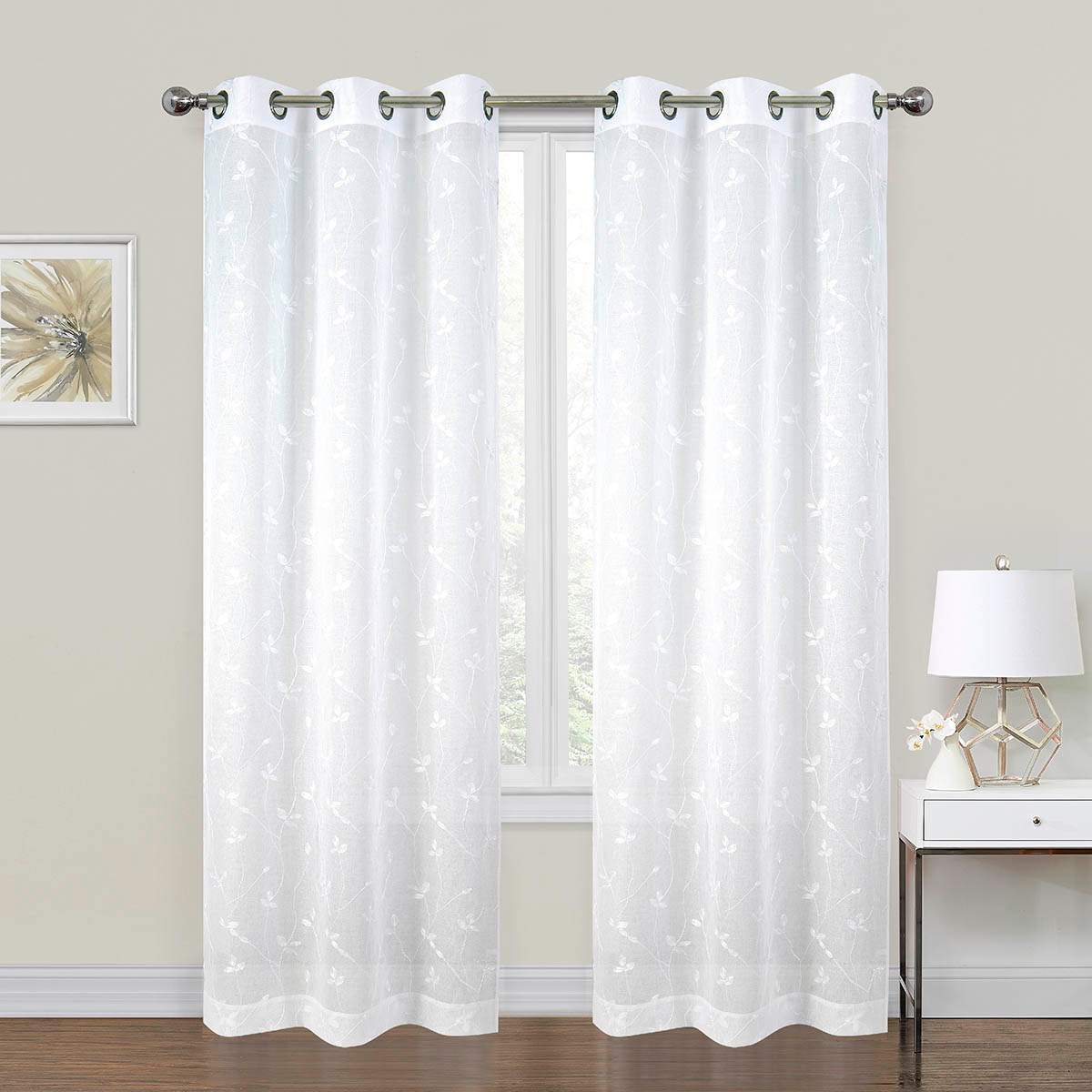 2-Pack White Embroidered Leaf Grommet Curtain Panels, 95"