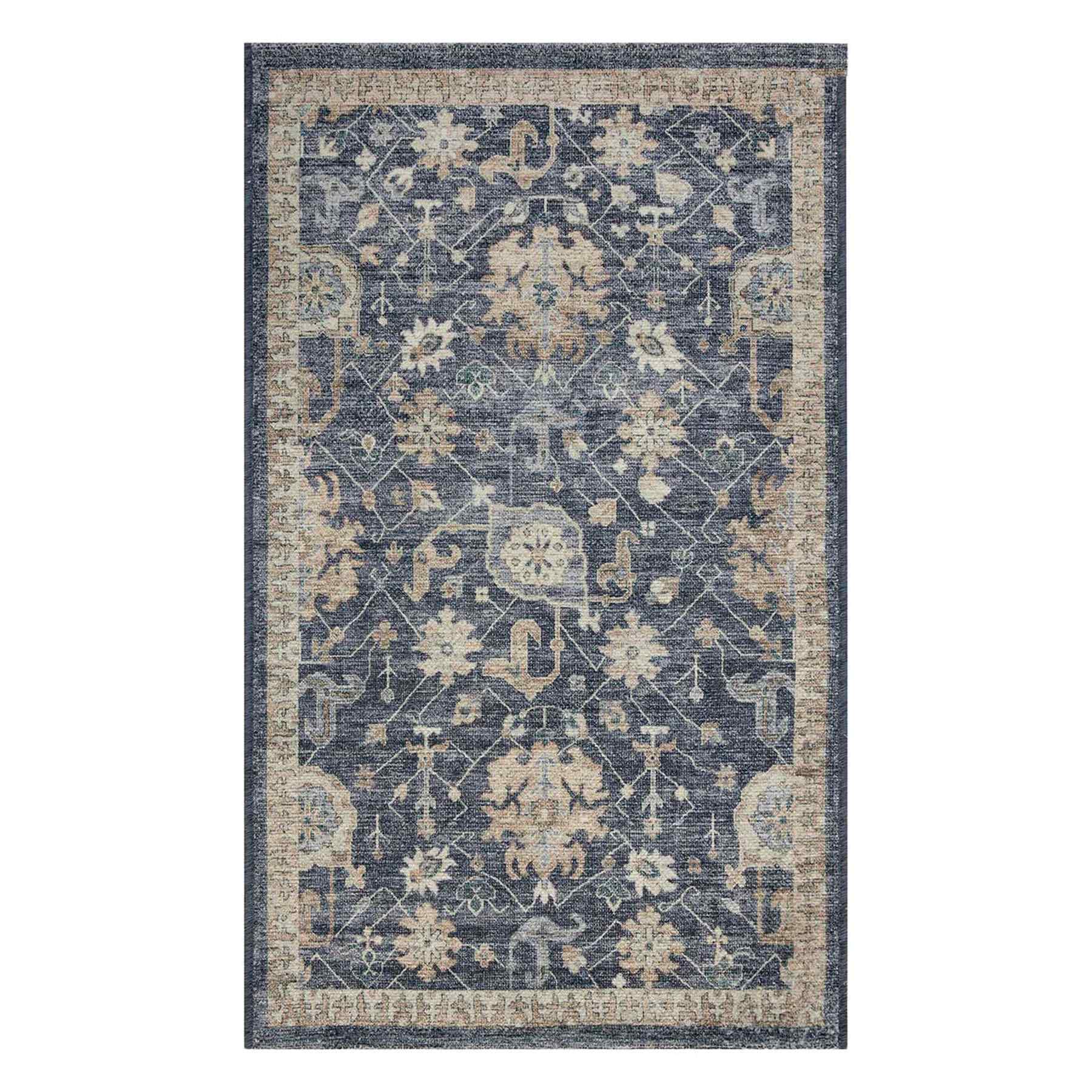 Navy Blue Floral Print Washable Accent Rug with Gel Back, 27x45